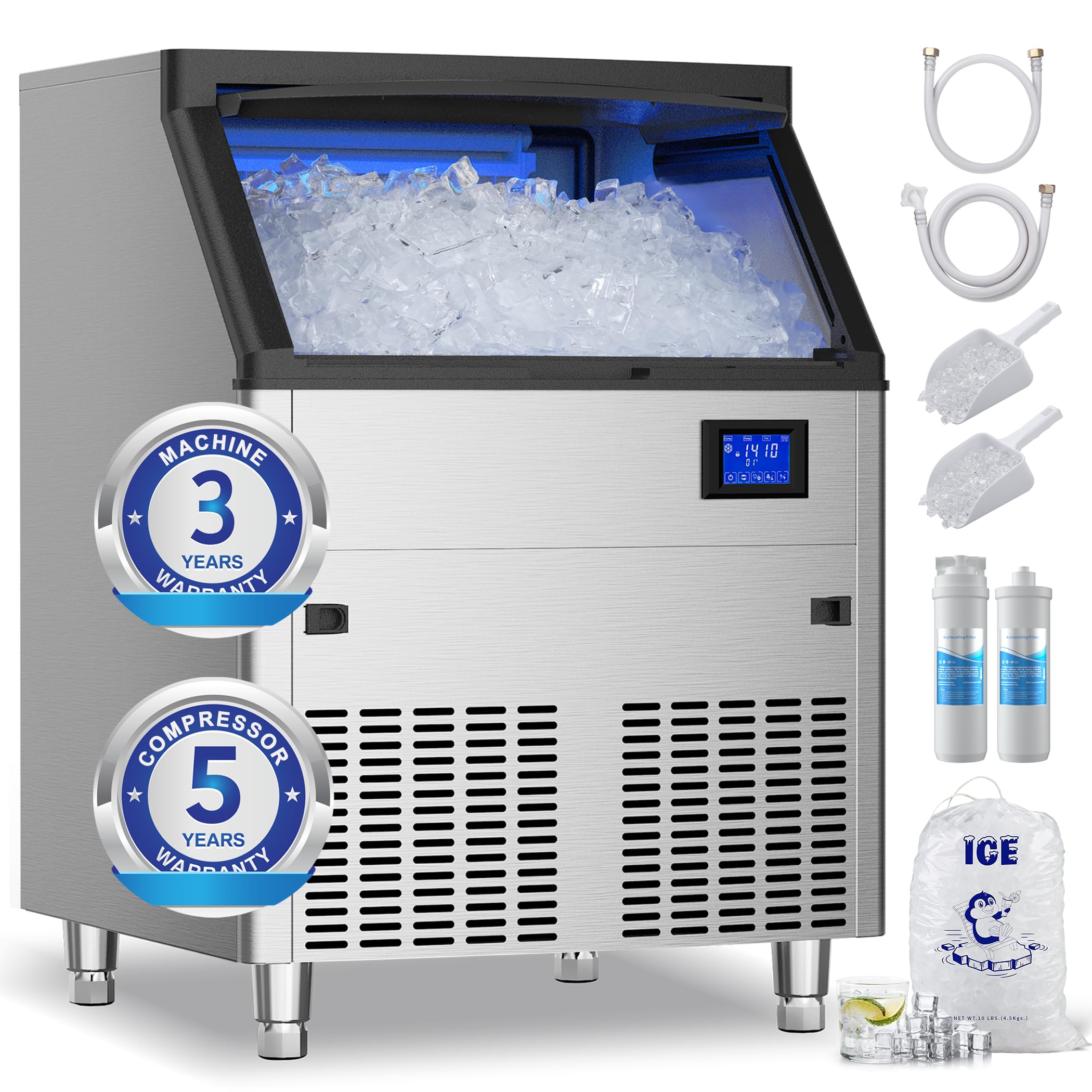 Coolake 320lbs/24H Commercial Ice Maker Machine with 120lbs Storage Bin - Stainless Steel Undercounter Freestanding Ice Machine with Water Filter (Reduces Scale up to 99%) - ETL Approved for Home Bars, Restaurants & Commercial Use - Perfect for Cocktail Parties, Catering Events & Beverage Service