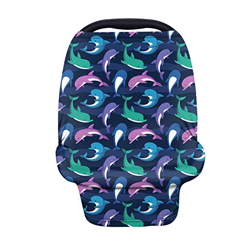 GLENLCWE Cartoon Dolphin Print Car Seat Canopy - Stretchy Nursing Cover & Versatile Baby Car Seat Protector | Easy to Install & Machine Washable | Perfect for Breastfeeding, Shopping & Traveling with Baby