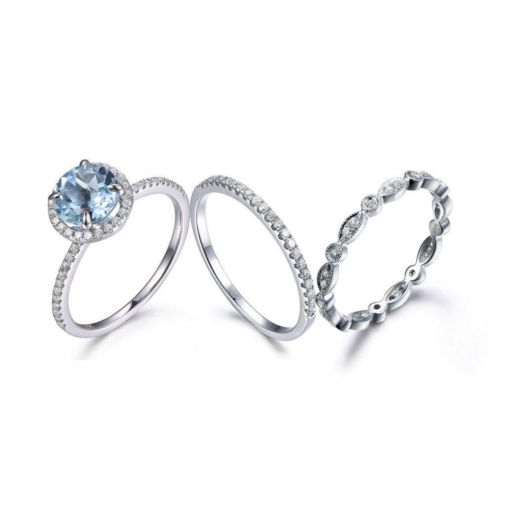 3pcs Aquamarine Engagement Ring Set - 7mm Blue Gemstone Halo Eternity Band in White Gold for Bridal Jewelry