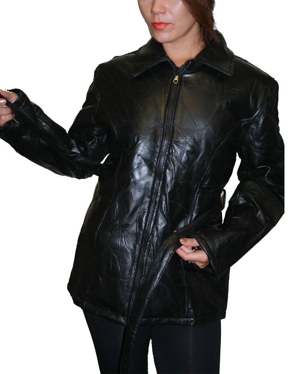 Genuine Patchwork Leather Jacket for Women with Zipper Waist Cut & Belt - Stylish Outerwear for Casual, Office & Evening Wear