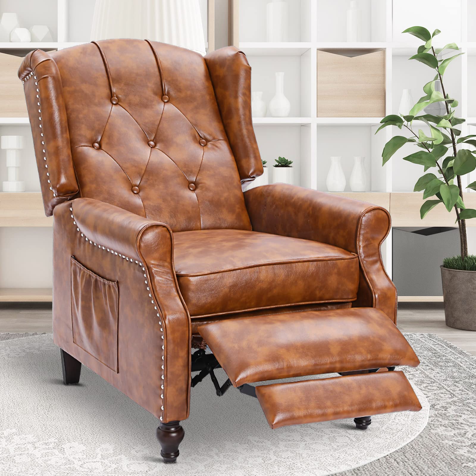 PU Leather Wingback Recliner Chair with Heat & Massage - Home & Office Comfort (Cognac Brown)