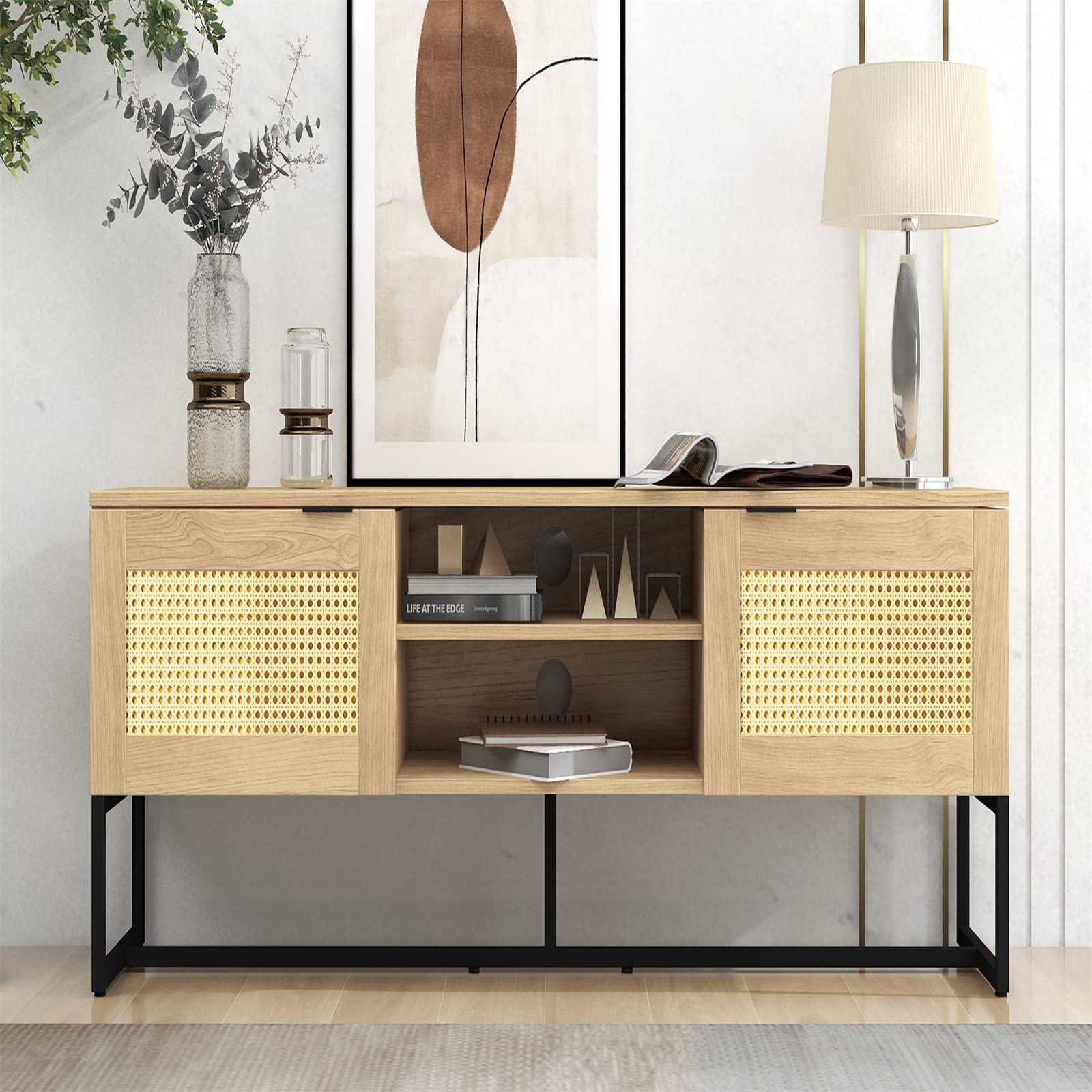 Modern TV Stand with Wicker Doors & Open Shelves - 65 Inch Wooden TV Console with Rattan & Iron Support - Entertainment Center for Living Room, Bedroom, Home Theater (Natural Color)