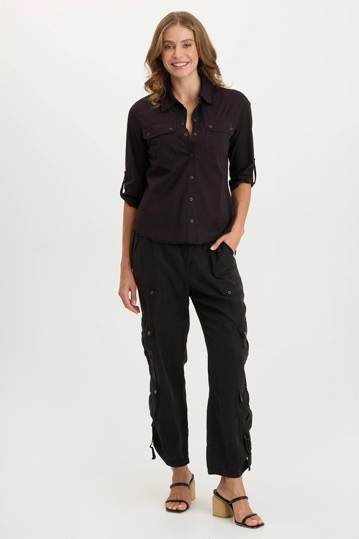 Arvin Perforated Poplin & Jersey 3/4 Sleeve Snap-Up Top for Women | Breathable Summer Blouse | Perfect for Office Wear & Casual Outings