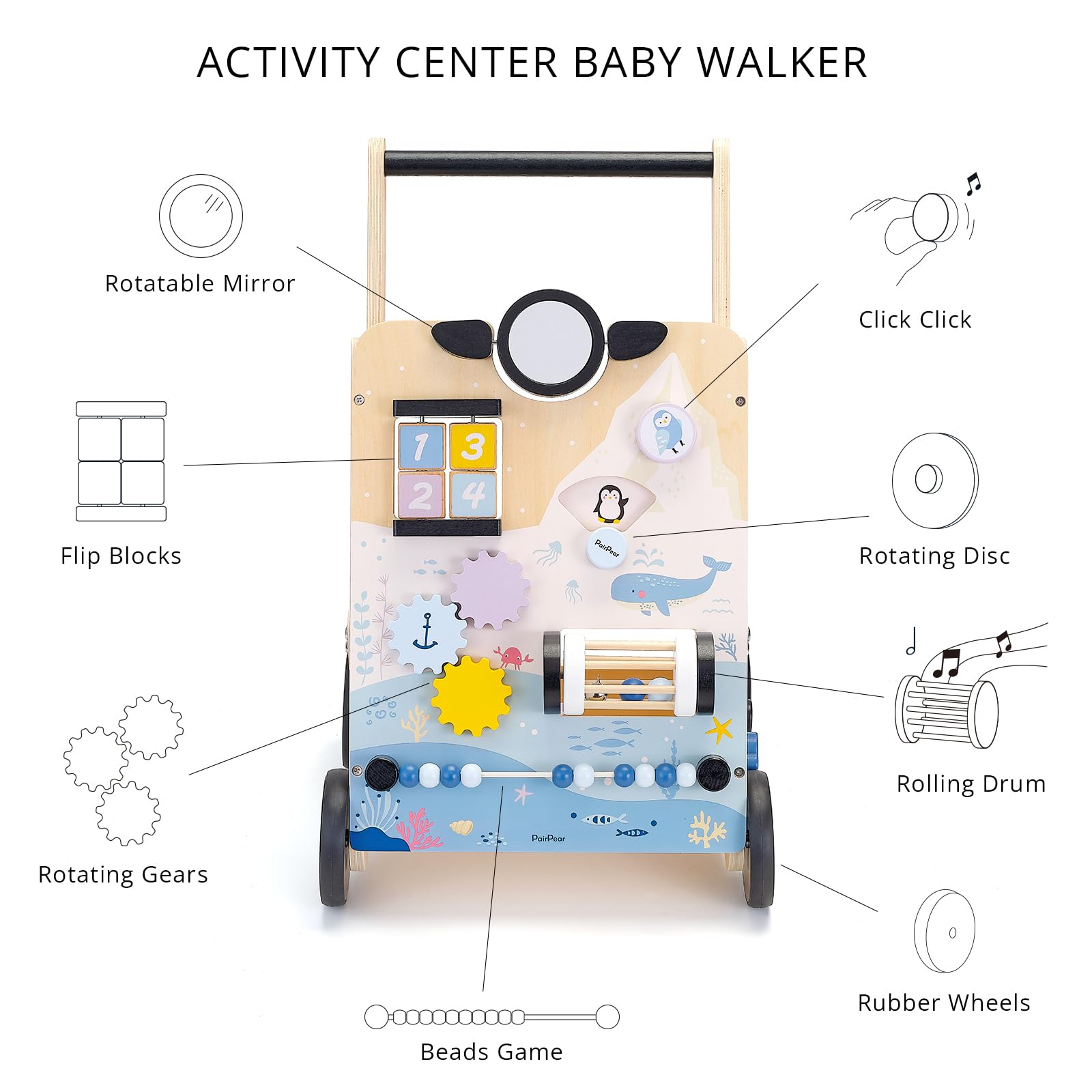 Montessori Wooden Baby Walker & Push Toy with Shape Sorter - Adjustable Speed Learning Activity Center for 1-3 Year Old Boys & Girls | Perfect for Early Childhood Development & Indoor Playtime (Polar Region Design)