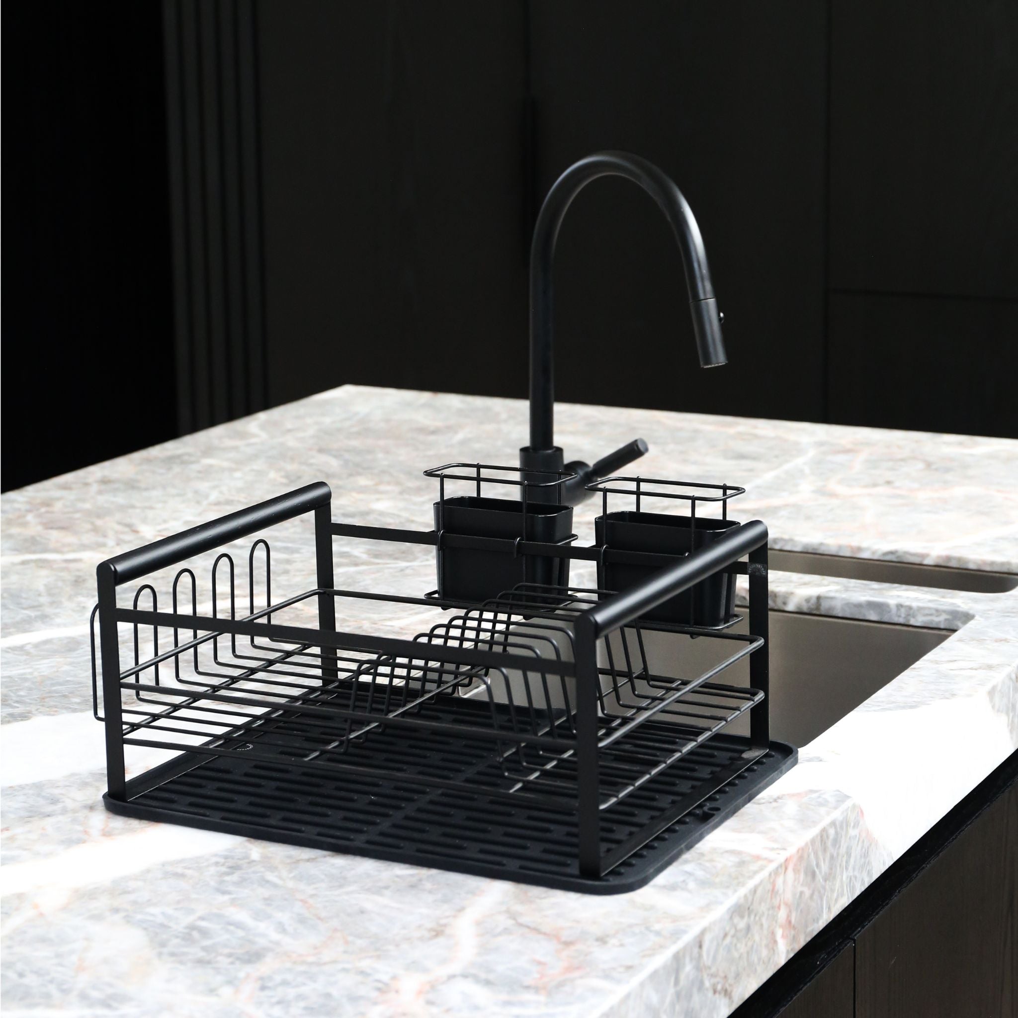 DESIGNSTUFF The Frame Dish Rack with Removable Utensil Holders - Space Saving Kitchen Organizer for Countertop, Black | Perfect for Small Apartments & Modern Kitchens