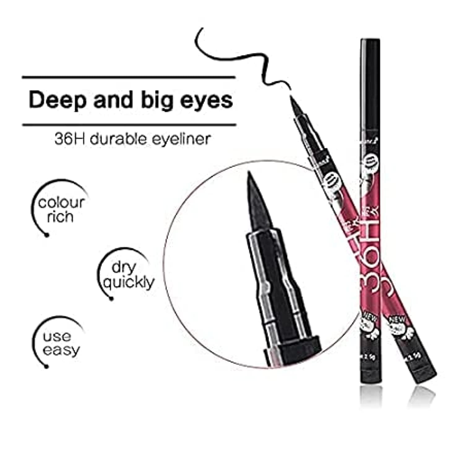 KAARM 36H Waterproof Liquid Eyeliner - Ultra-Precision Long Lasting Eyeliner Pencil, Smudge Proof & Water Resistant (Black, 12 Pack) for Party, Wedding & Daily Makeup Looks