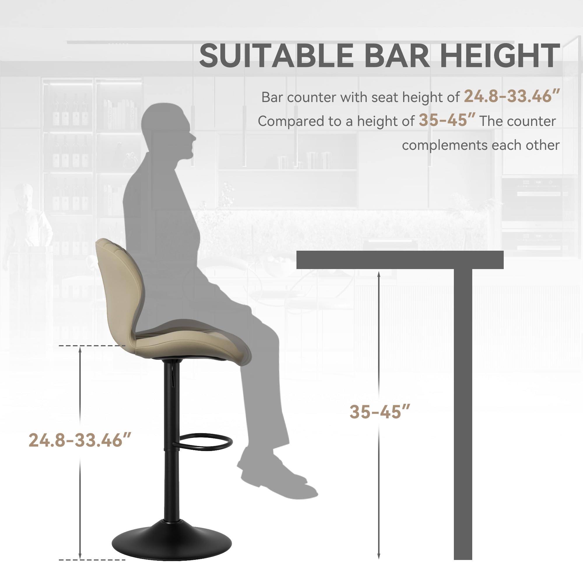 Modern Bar Stools Set of 2 - Adjustable Swivel Counter Height Stools with High Backrest, Beige Kitchen Island Stools for Dining Room, Bar & Home Decor