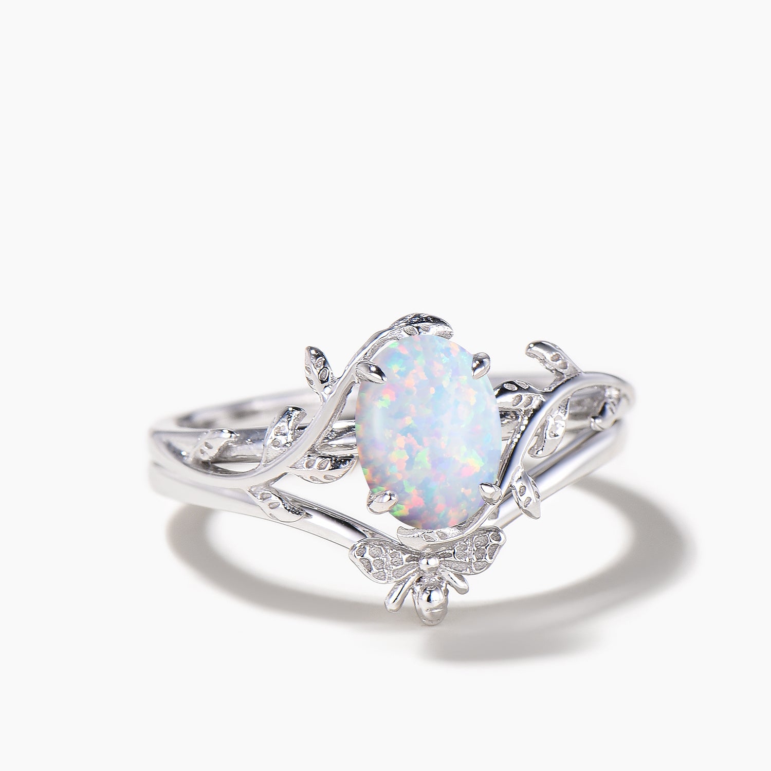 1.5ct Oval Cut White Opal Solitaire Ring - Nature Inspired Bee Wedding Band for Women - Perfect for Engagement, Anniversary & Boho Style Jewelry