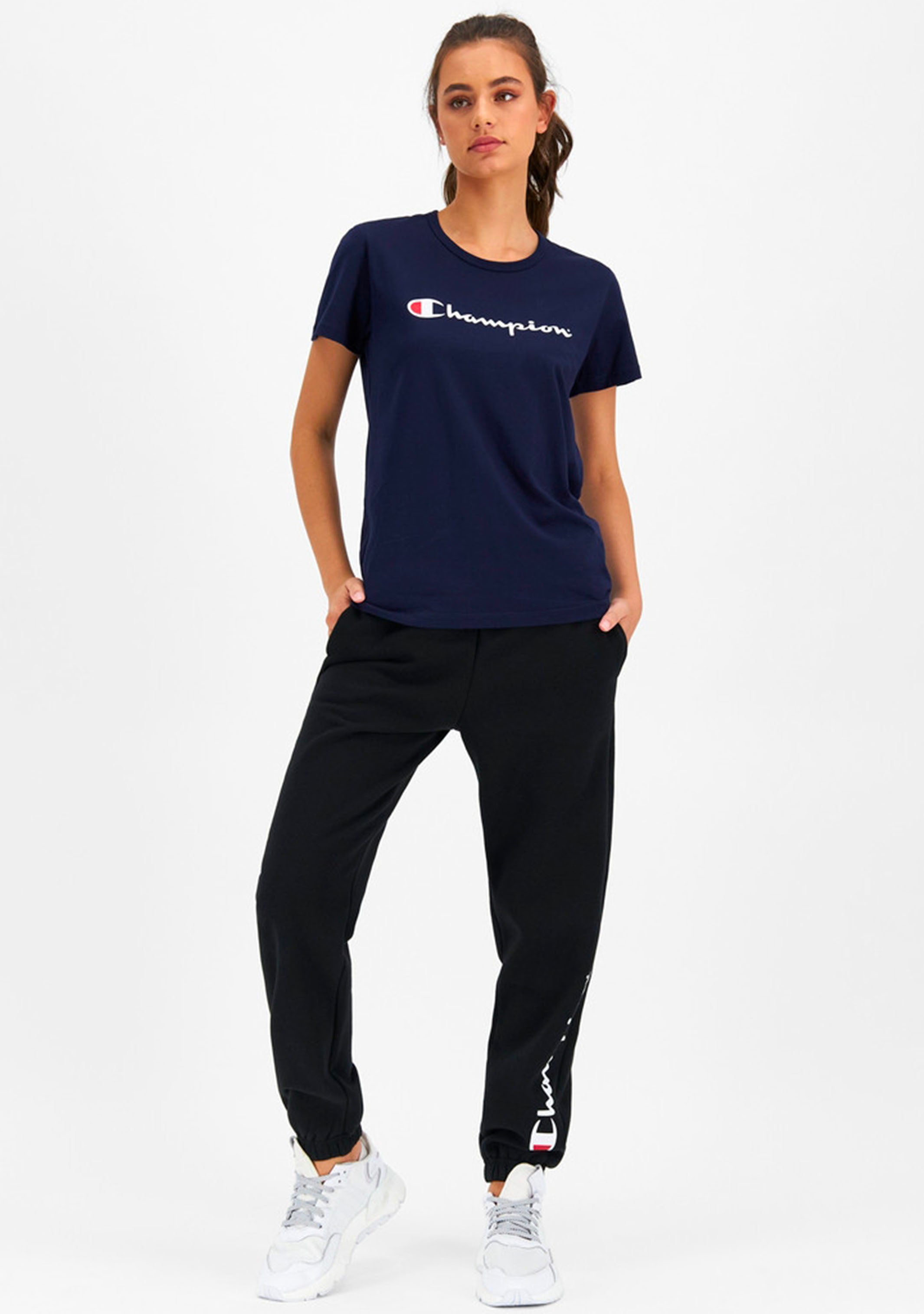 Champion Women's Script Short Sleeve T-Shirt - Soft Cotton Casual Tee for Everyday Wear, Gym, and Outfits - Navy Blue