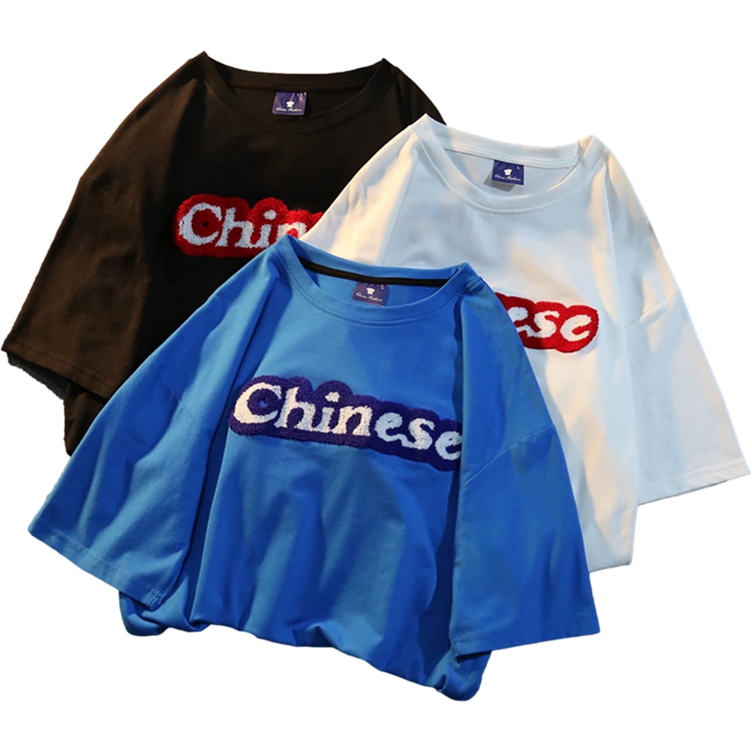Women's Short Sleeve T-Shirt with Chinese Embroidery - Summer Korean Style Cute Top for Ladies (Black, White, Blue, Medium) | Casual Wear, Street Fashion, Daily Outfits