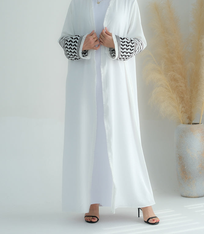 Elegant White Keffiyeh Inspired Abaya Dress with Contrast Embroidered Sleeves & Detachable Belt - Perfect for Modest Fashion, Special Occasions and Cultural Events