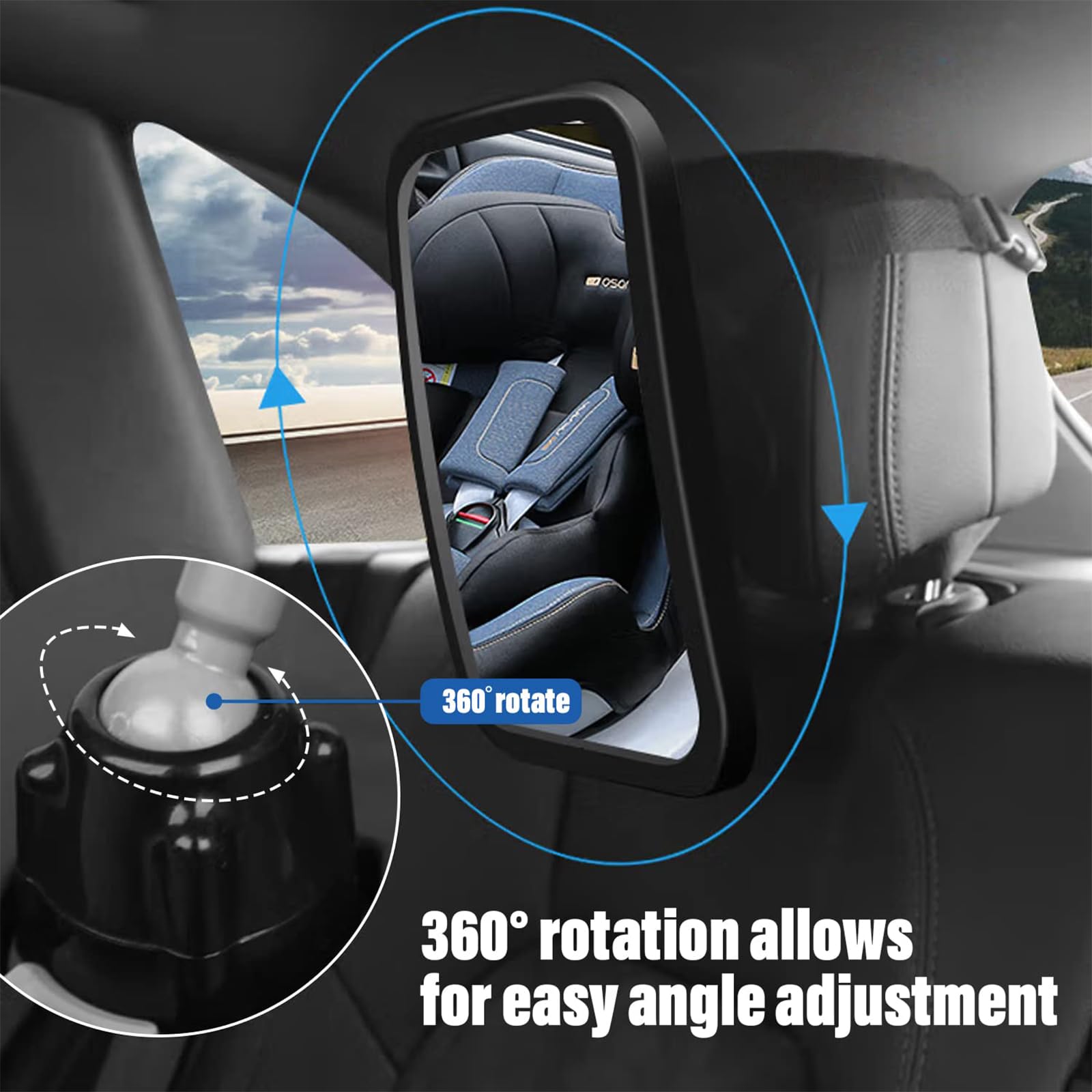 Extra Large Baby Car Mirror – Shatterproof Safety Car Seat Mirror for Rear Facing Infants | Wide View Adjustable 360° Acrylic Backseat Mirror | Secure & Fully Assembled Black Mirror for Safe Driving with Baby | Perfect for Road Trips & Daily Commutes