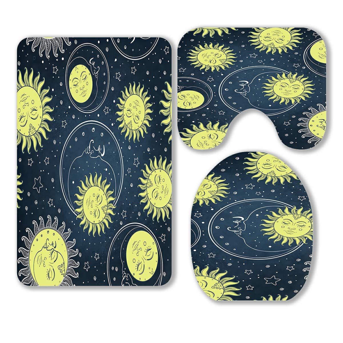 ECZJNT Sun Moon Stars 3-Piece Bathroom Rug Set - Non-Slip Contour Mat & Toilet Lid Cover for Kids Room, Astronomy Themed Bath Decor - Perfect for Children's Bathroom, Nursery or Space Lover's Home