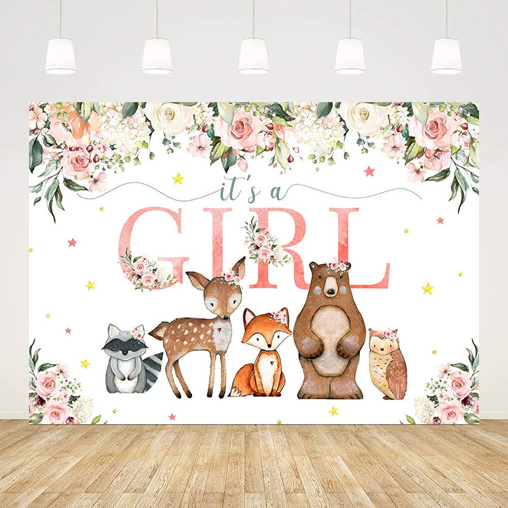 7x5ft Woodland Baby Shower Backdrop - Pink Floral Photography Background with Cute Animals for Girls, Perfect for Baby Shower Decorations, Birthday Party Banner & Photo Booth Props - Ideal for Indoor/Outdoor Celebrations and Instagram-Worthy Photos