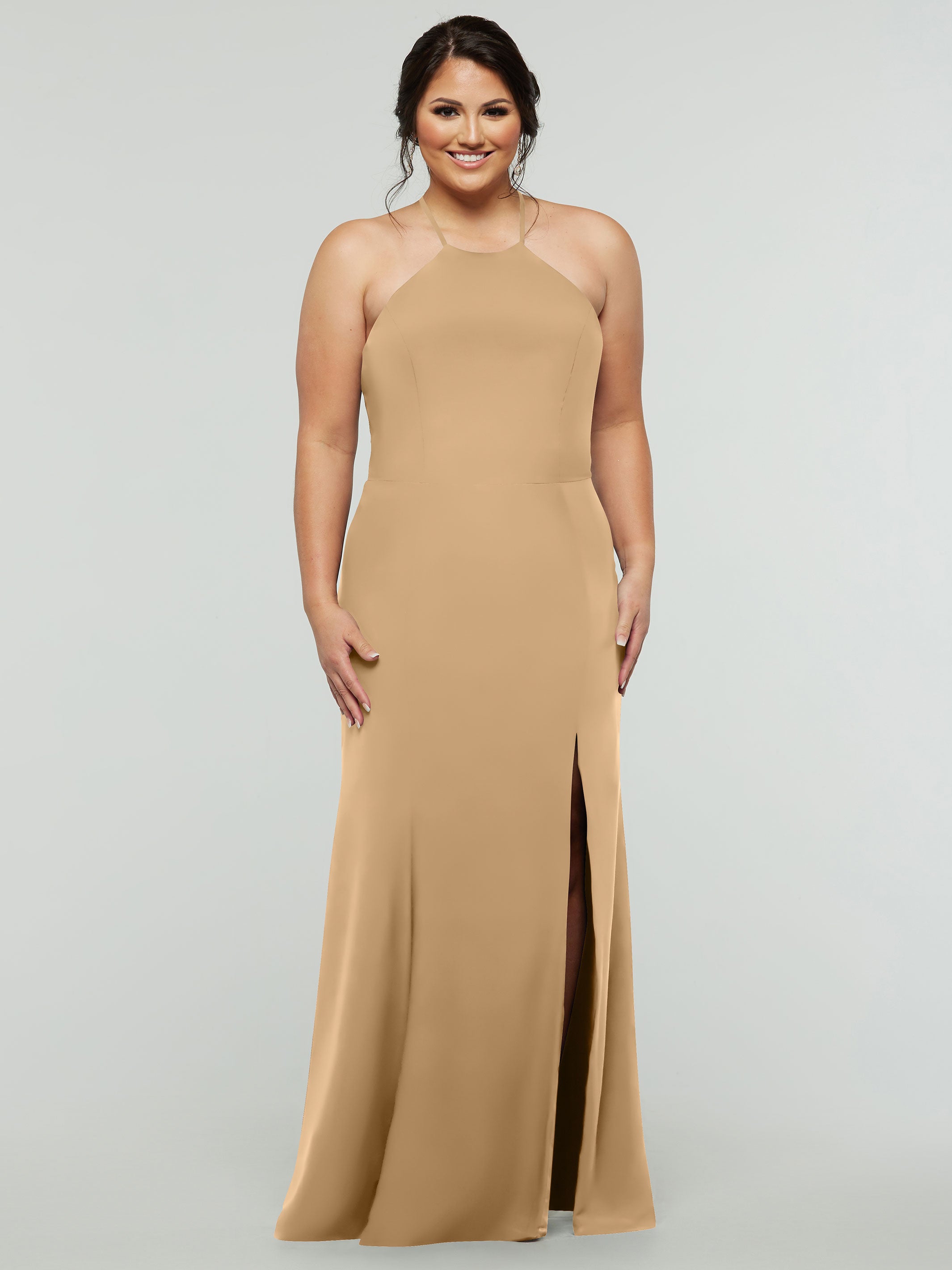 Elegant 83031 Fit and Flare Stretch Chiffon Bridesmaid Dress with Halter Neck & Thigh Slit - Perfect for Weddings, Prom, and Formal Events