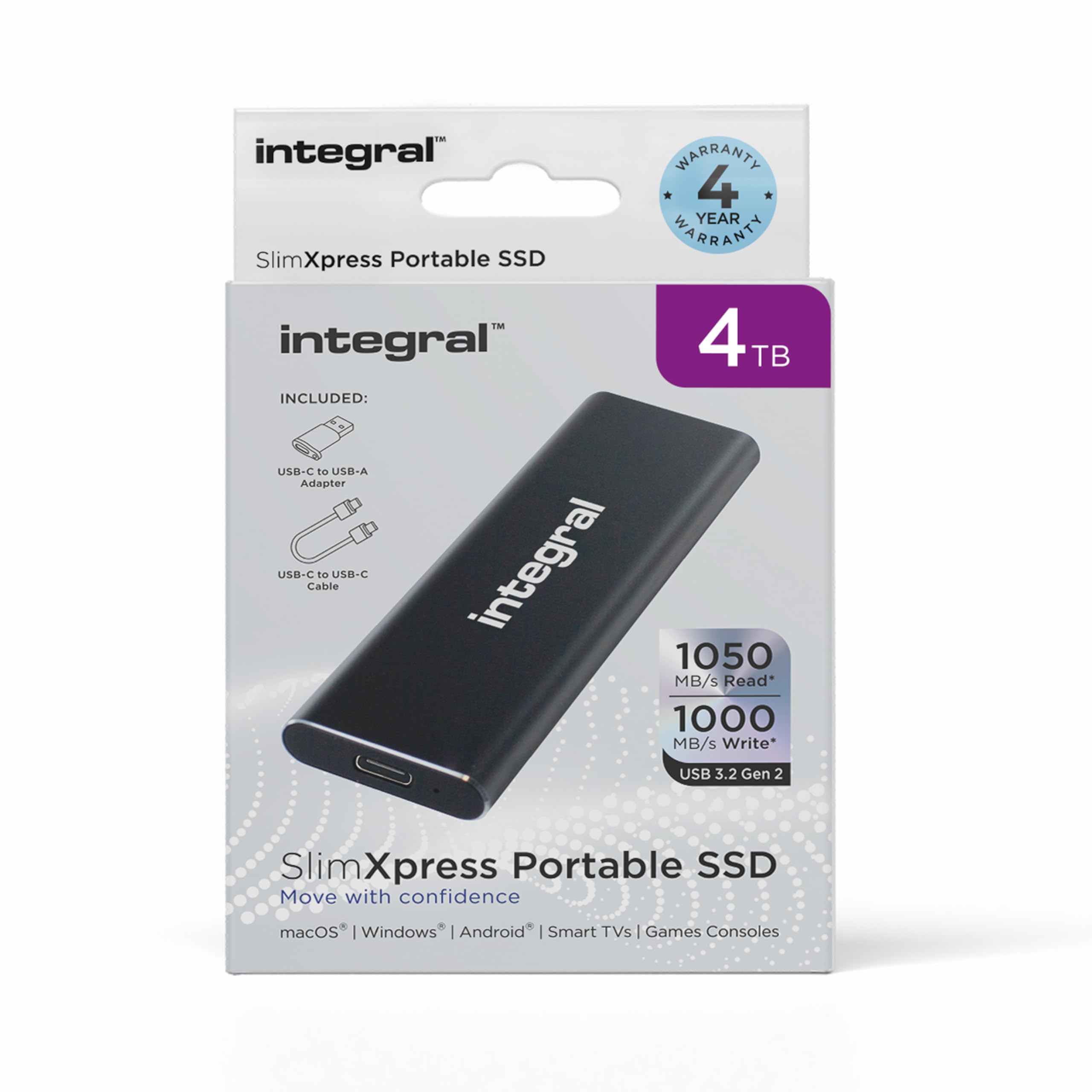 Integral SlimXpress 4TB USB & USB-C 3.2 Gen 2 Portable External SSD - Ultra Fast 1050MB/s Read, 1000MB/s Write - Aluminum Enclosure - Plug & Play - Compatible with Mac, PC, XBOX & PlayStation - Perfect for Gaming, Video Editing & Data Backup