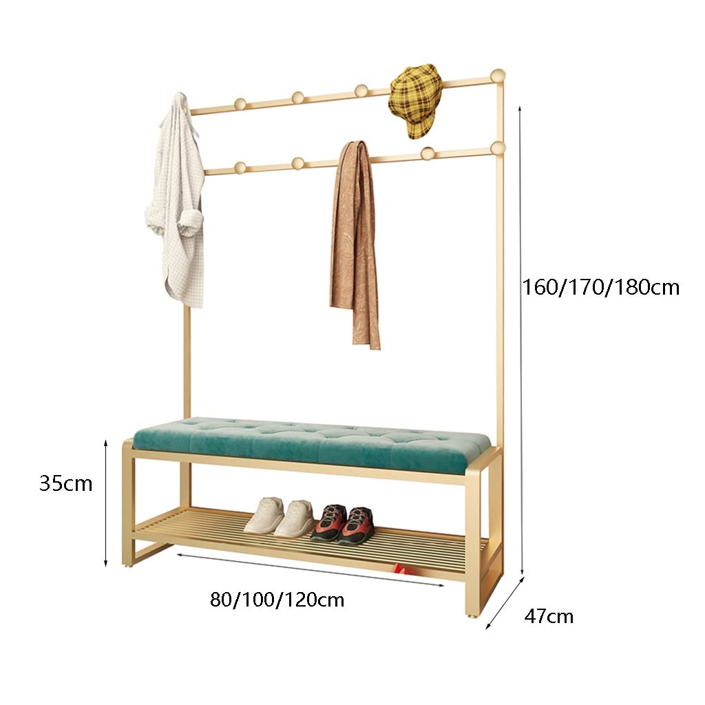 3-in-1 Hall Tree Coat Rack with Shoe Bench & Storage Shelf - Heavy Duty MDF Entryway Organizer with Metal Frame & Hooks - Gold Green (100x47x160cm) - Perfect for Hallway, Bedroom, Dorm & Small Space Organization
