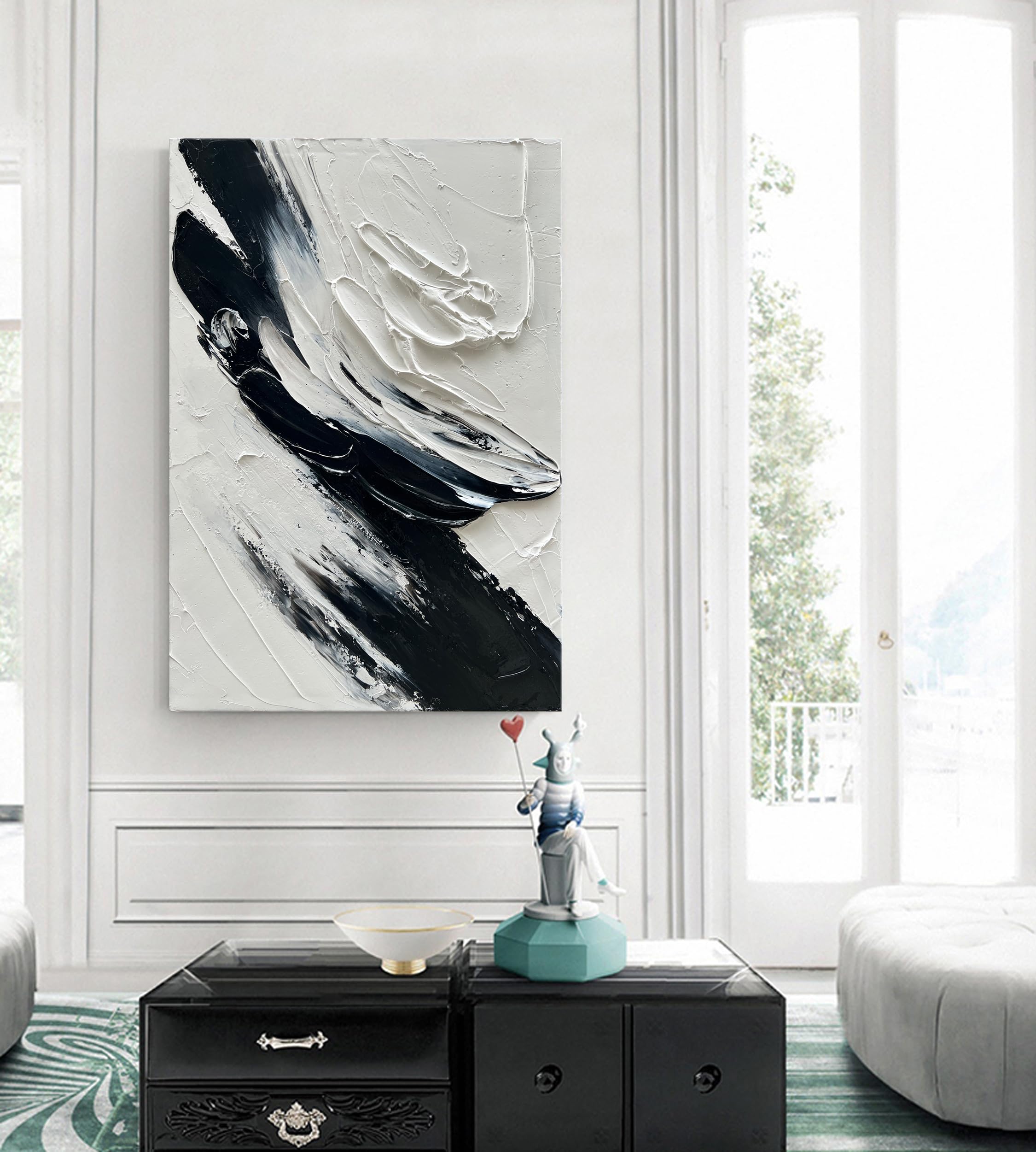 Hand-Painted Black and White Abstract Oil Painting - 40x28 Inches Thick Texture Minimalist Wall Art for Modern Home & Office Decor | Perfect for Living Room, Bedroom or Gallery Display