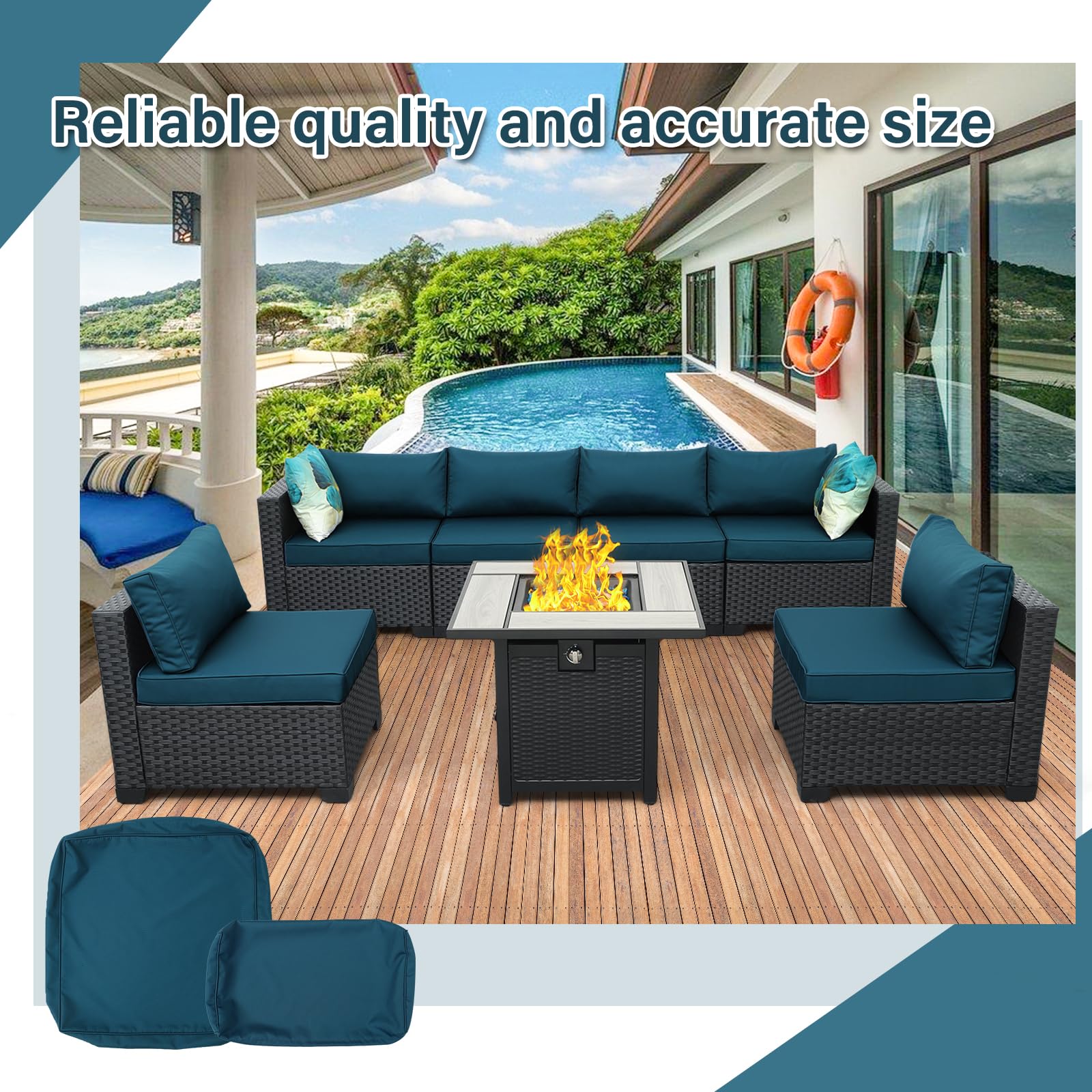 Waterproof Outdoor Cushion Covers for Patio Furniture Set - Non-Slip Square Sofa Cushion Slipcovers Replacement (Peacock Blue) - Perfect for Sectional Sofas, Deck Chairs & Poolside Lounging
