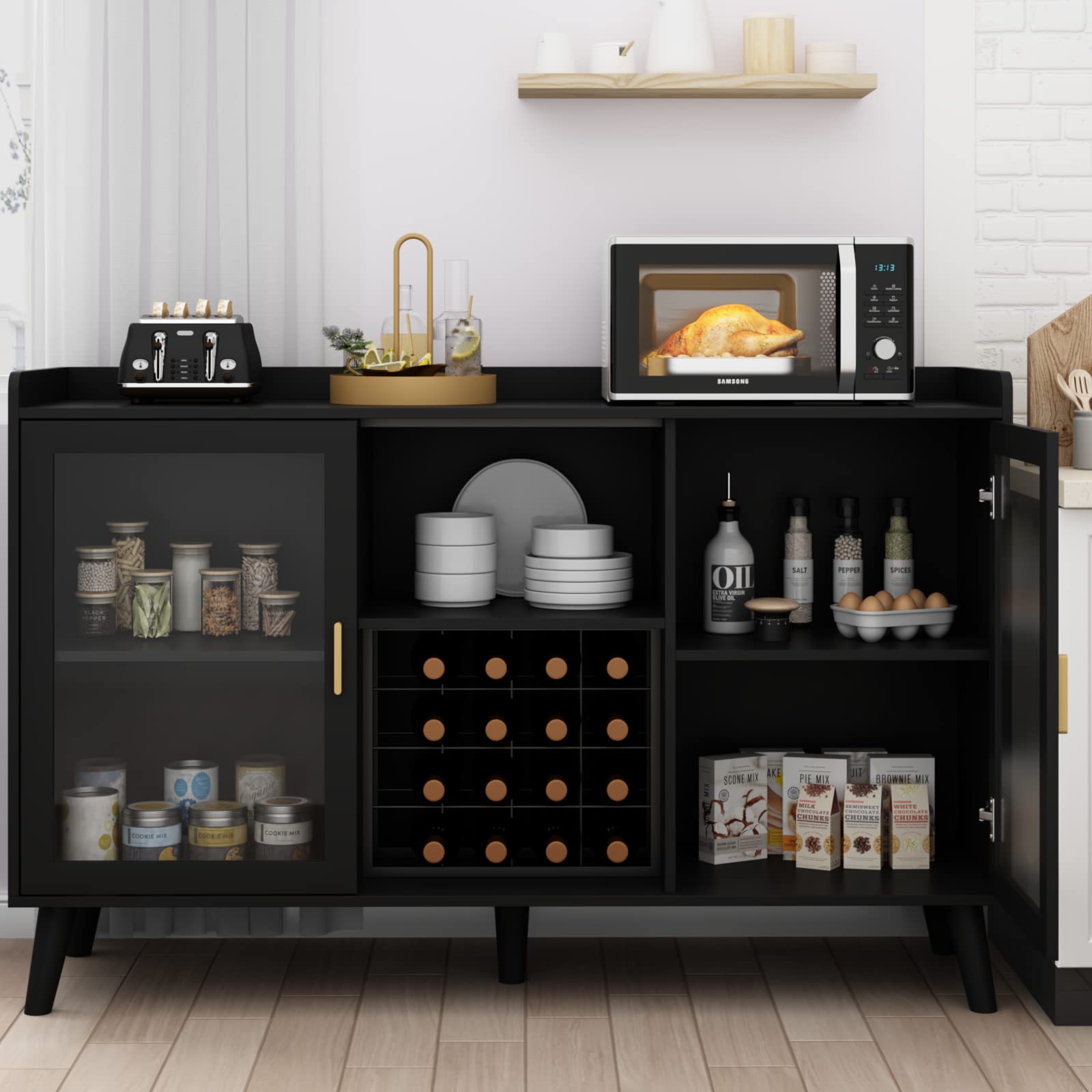 Modern Wine Bar Cabinet with LED Lighting - Freestanding Kitchen Buffet Sideboard with Wine Rack & Glass Storage - Elegant Home Coffee Station & Liquor Cabinet for Living Room, Dining Room (Black) - Perfect for Entertaining Guests & Stylish Home Decor