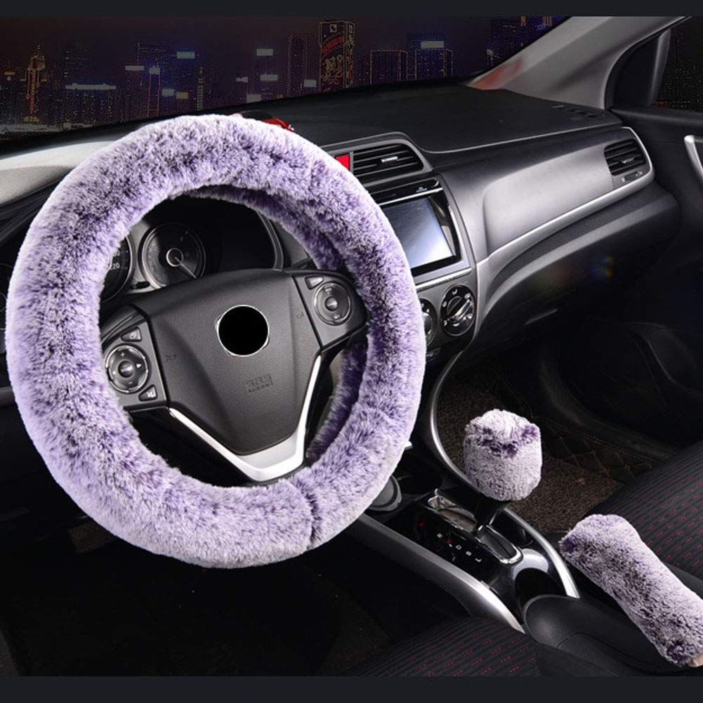 SHIAWASENA Warm Faux Wool Steering Wheel Cover Set - 3 Pieces (Purple & Gray) with Handbrake Cover & Gear Shift Cover - Winter Car Accessories for Cold Weather Driving Comfort