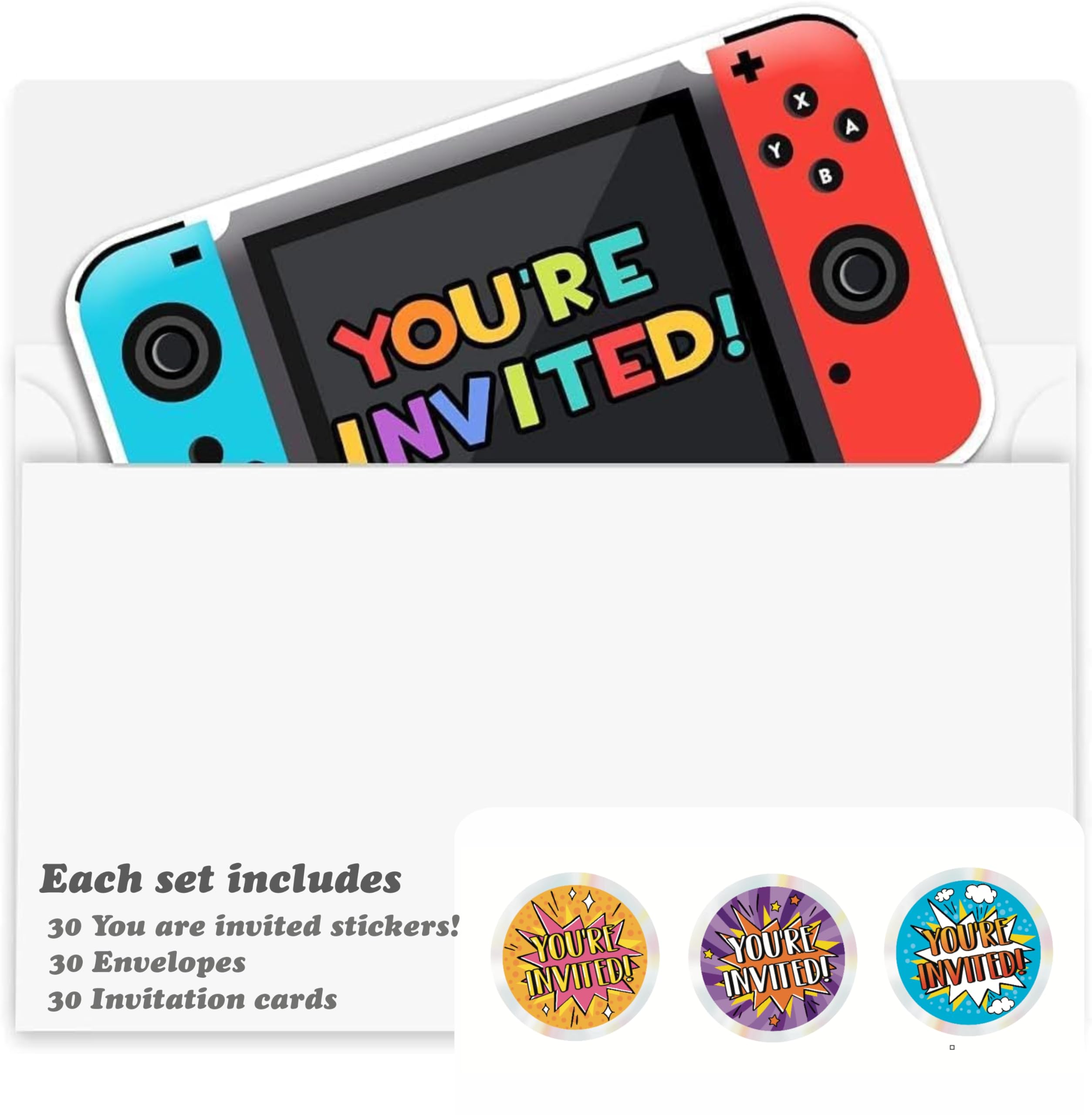 30pcs Video Gaming Party Invitations with Stickers - Fun Birthday Party Cards for Boys & Girls, Gamer Themed Decorations for Kids, Son, Nephew | Perfect for Gaming Birthday Parties, Sleepovers & Game Night Events