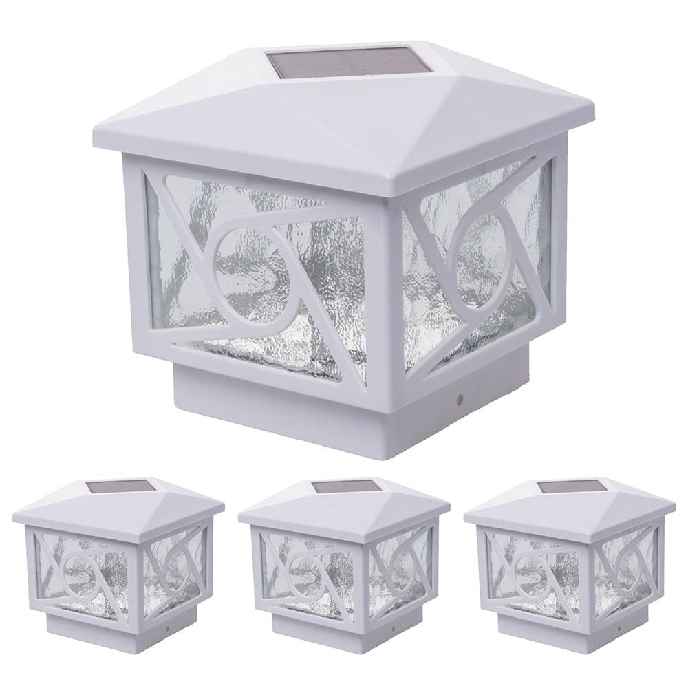 Solar Powered LED Deck Lights - 4 Pack White Geometric Circle Post Caps for 4x4 & 5x5 Fences | Waterproof Outdoor Solar Lighting for Patio, Garden, Pathway & Backyard Decoration