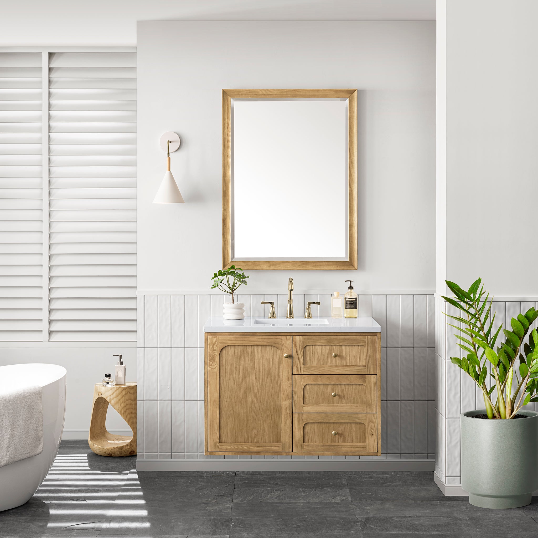 Laurent 36 Inch Single Bathroom Vanity with Light Natural Oak Finish and 3CM Arctic Fall Top - Perfect for Modern Bathroom Renovations and Small Space Solutions
