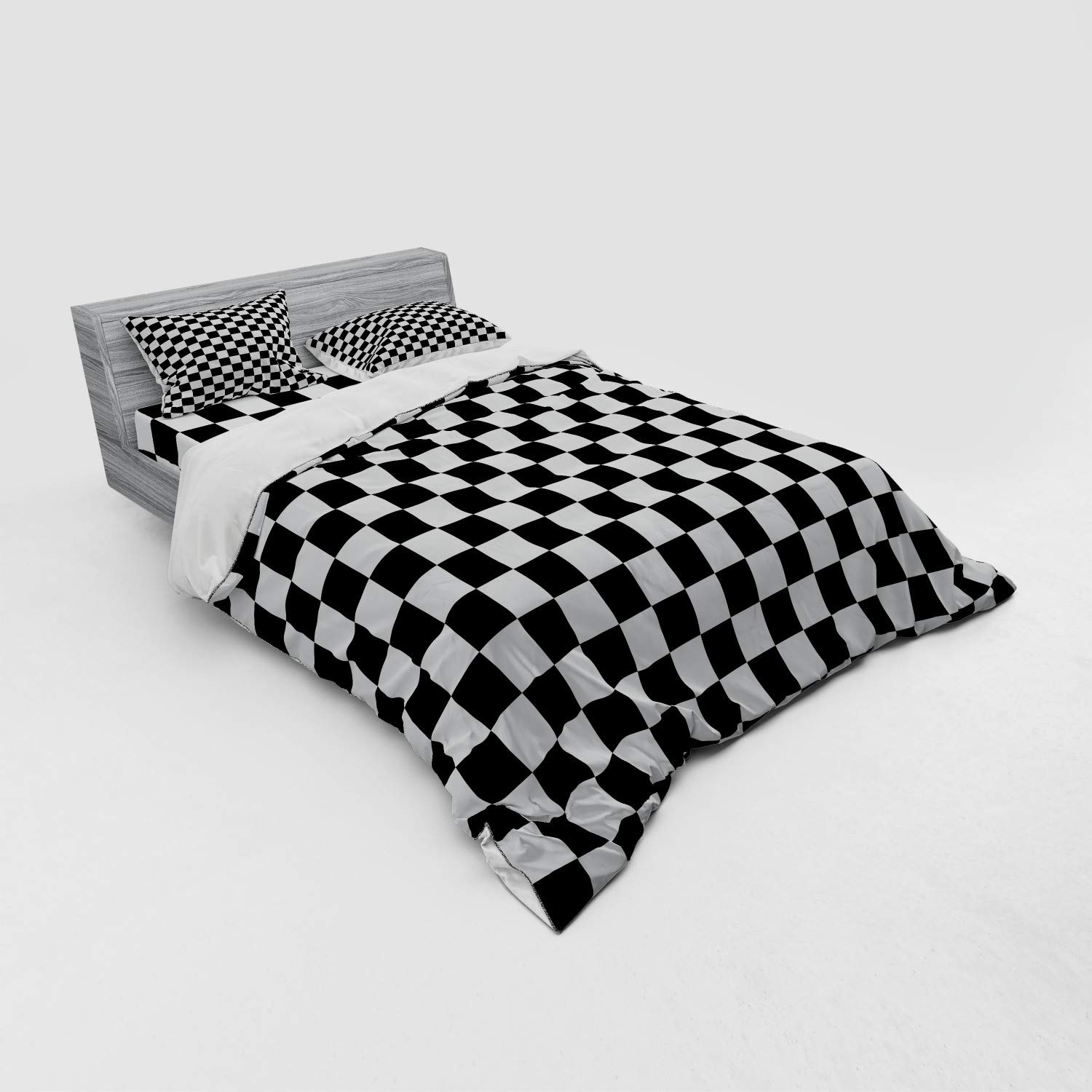 Ambesonne Checkers Game Duvet Cover Set - Black & White Geometric Grid Design, 4-Piece Queen Size Bedding with Shams & Fitted Sheet - Perfect for Game Room Decor, Kids Bedroom, and Checkers Themed Home Decor