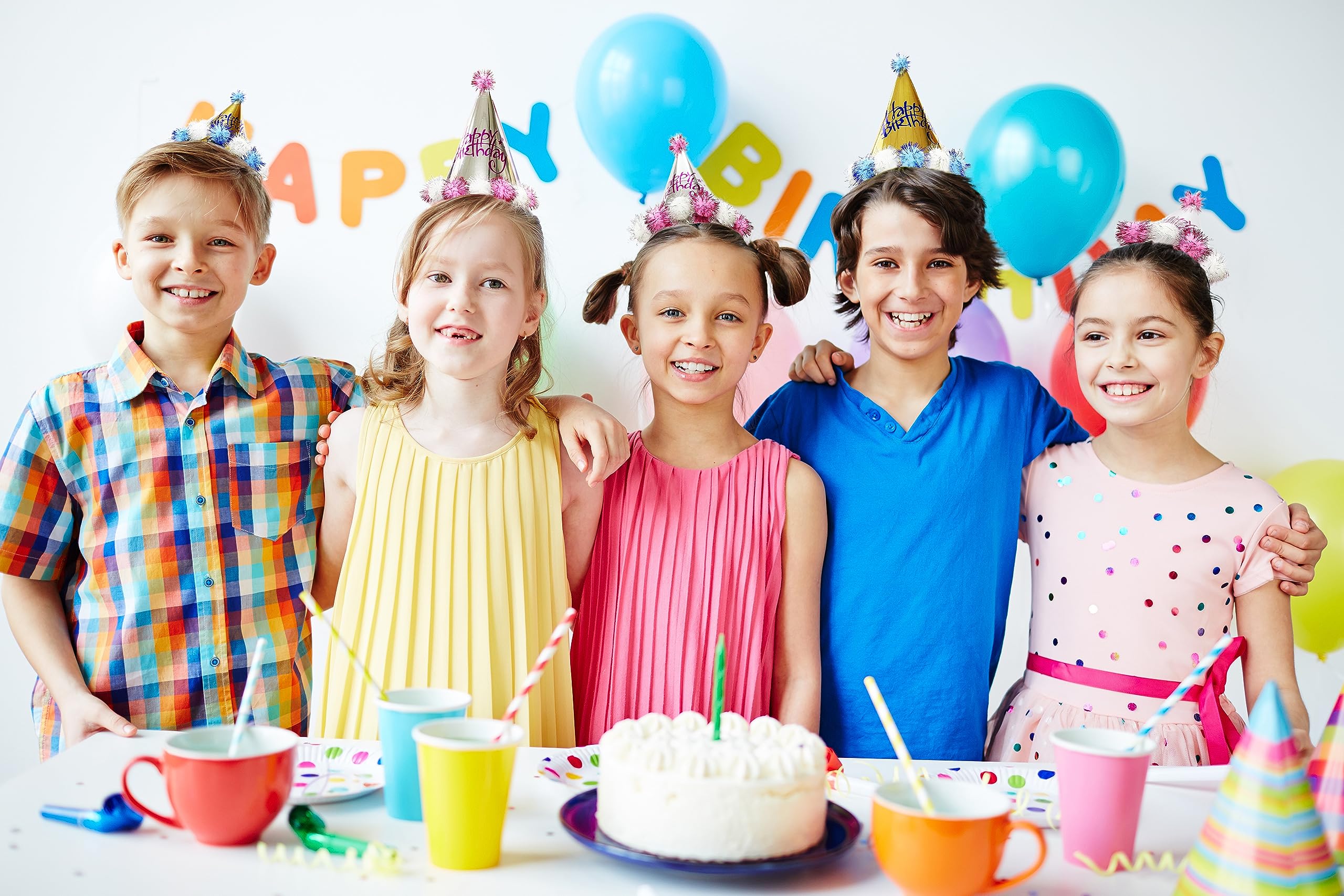TSJ 10 Pack Soft Plush Birthday Party Hats for Kids & Adults - Colorful Paper Cone Hats for Birthday Celebrations, Festive Events & Photo Booths