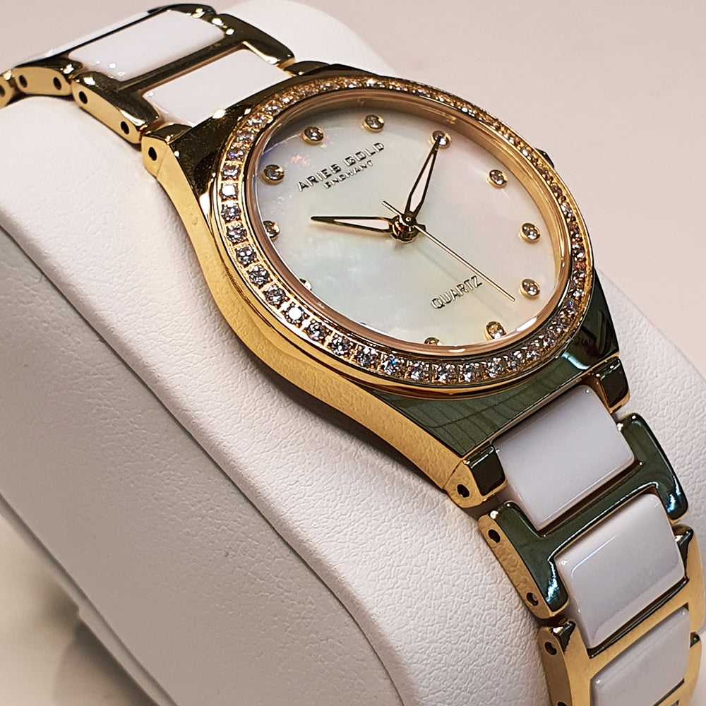 ARIES GOLD ENCHANT DIVA Women's Watch - Stainless Steel, White Ceramic & Mother of Pearl Dial - Elegant Luxury Timepiece for Women | Perfect for Office, Parties & Special Occasions