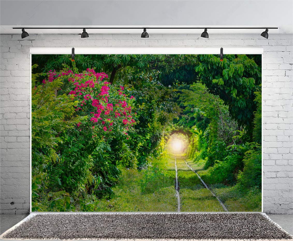 7x5ft Green Trees Arch Tunnel Vinyl Photography Backdrop - Narrow Path with Flowers & Grass Covered Railway Track for Portraits, Video Displays, Photo Studio Props | Perfect for Outdoor-Themed Shoots, Wedding Backgrounds, and Social Media Content Creation