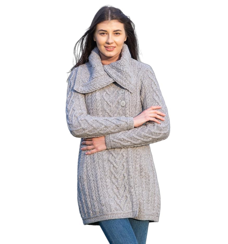 SAOL 100% Merino Wool Women's Classic Cable Knit Cardigan Sweater - Irish Coat with Pockets | Warm Winter Layering for Office, Travel & Casual Outfits
