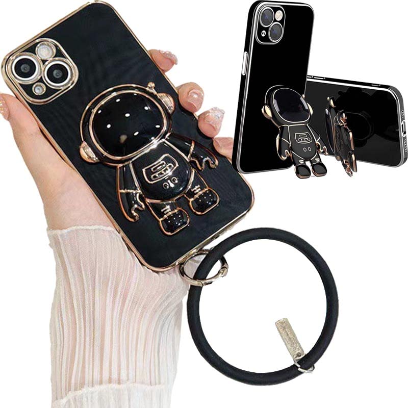 6D Plating Astronaut Hidden Stand Phone Case for iPhone 12 Pro Max - Shockproof Protective Cover with Lens Film (Black) | Perfect for Space Enthusiasts & Everyday Protection