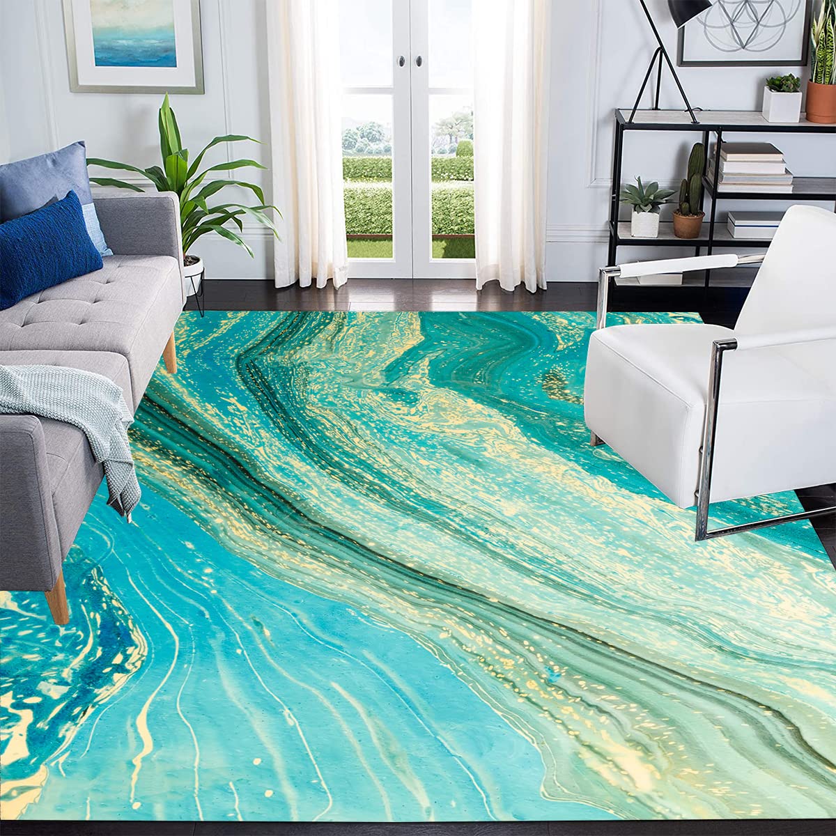 Teal Gold Coastal Ocean Theme 6x9 Area Rugs - Modern Abstract Soft Washable Non-Shedding Rug for Living Room, Bedroom, Dining Room & Home Office - Perfect for Beach House Decor & Coastal Style Interiors