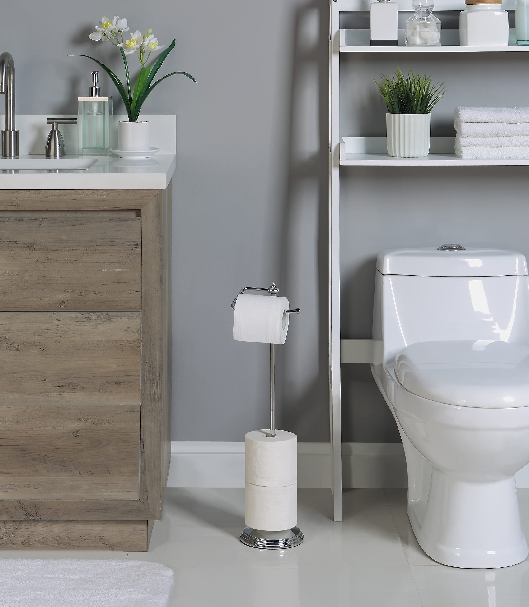 SunnyPoint Free Standing Toilet Paper Holder with Reserve Storage - Chrome Bathroom Tissue Roll Stand | Perfect for Small Bathrooms, Powder Rooms & Guest Toilets