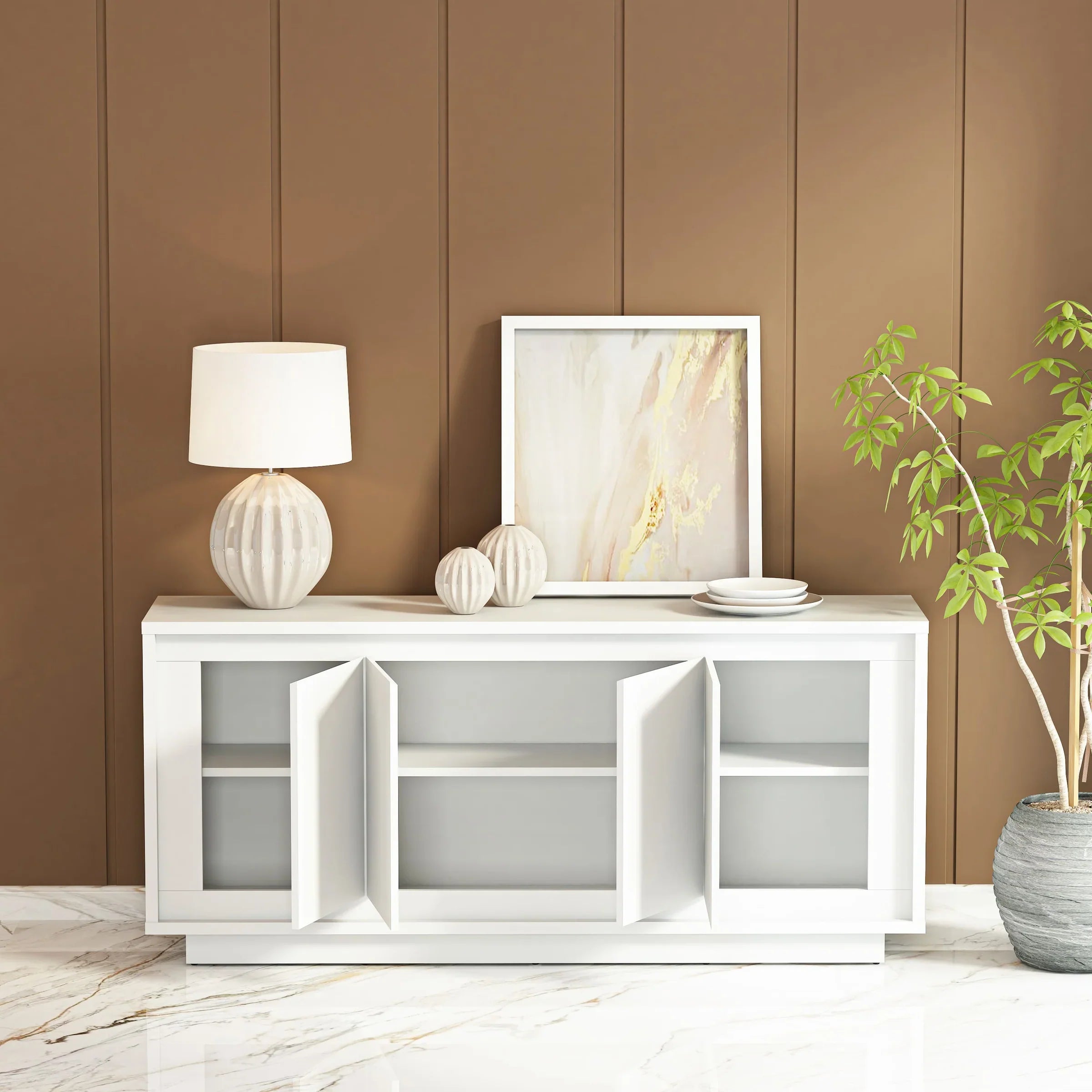 Anderson Teak Paraggi Sideboard White - Solid Teak Wood Buffet Cabinet with 2 Doors & 3 Drawers - Perfect for Dining Room Storage & Living Room Organization (Model SB PW 6316)