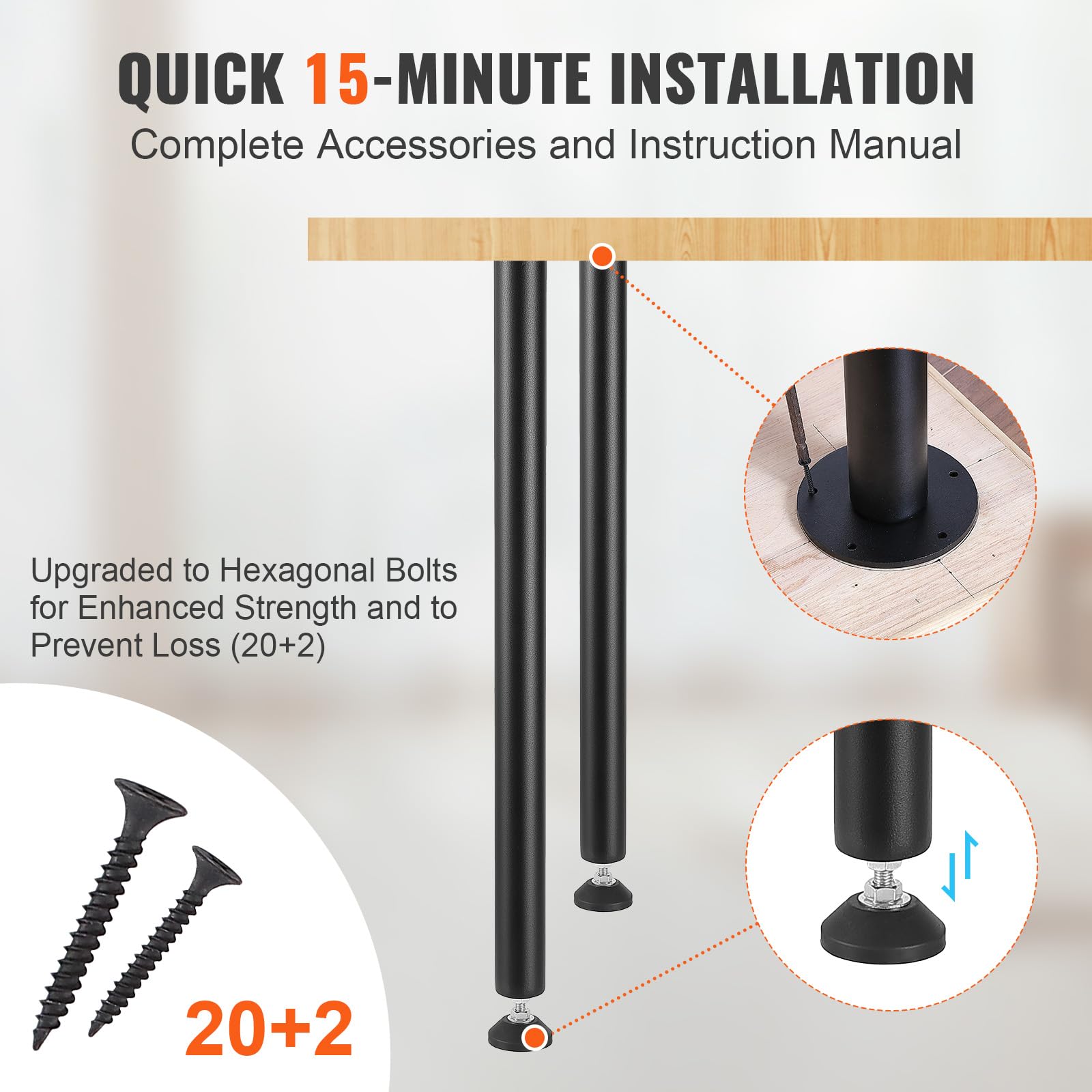 VEVOR 28 Inch Adjustable Desk Legs - Heavy Duty Steel Office Table Legs Set of 4 (1200 lbs Capacity) for DIY Standing Desk, Workbench & Home Office Furniture - Quick Installation with Adjustable Foot Cup (Black) - Perfect for Workspace, Gaming Setup & Study Room