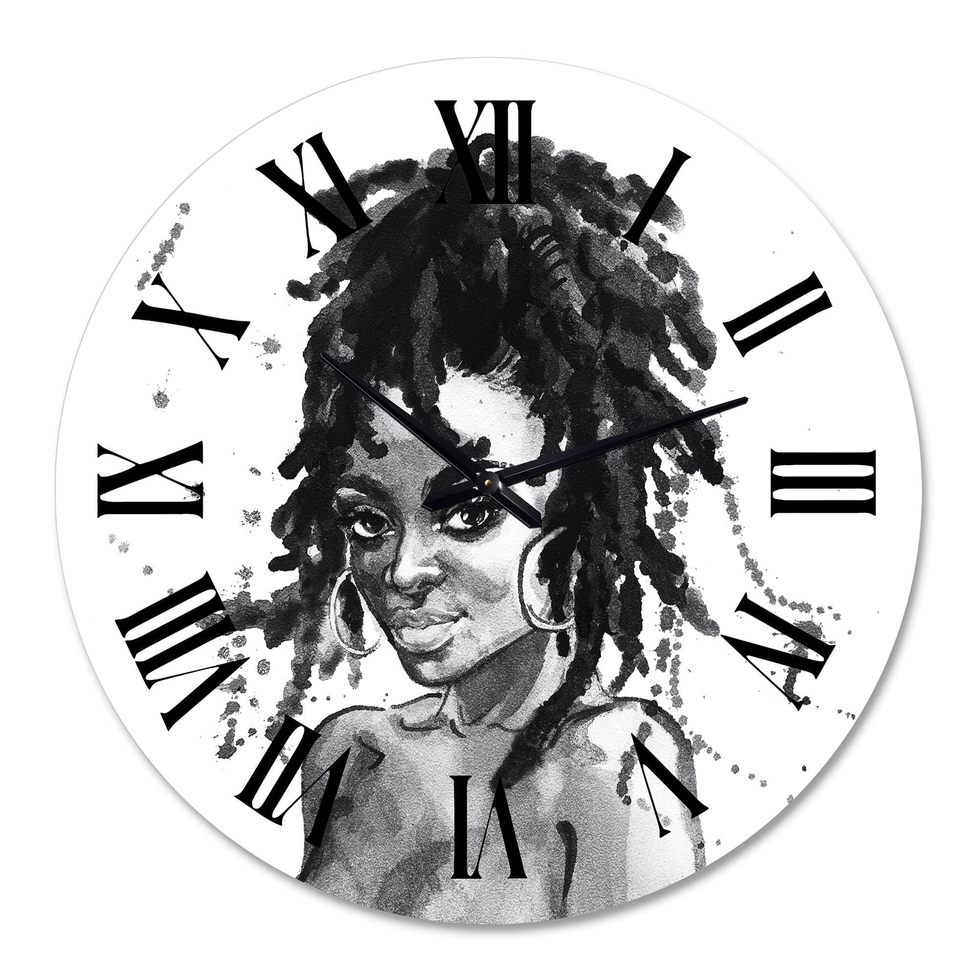 Modern Wall Clock - Monochrome Portrait of African American Woman II - Large Decorative Wall Clock for Living Room, Bedroom & Office - Unique Home Decor Gift Idea