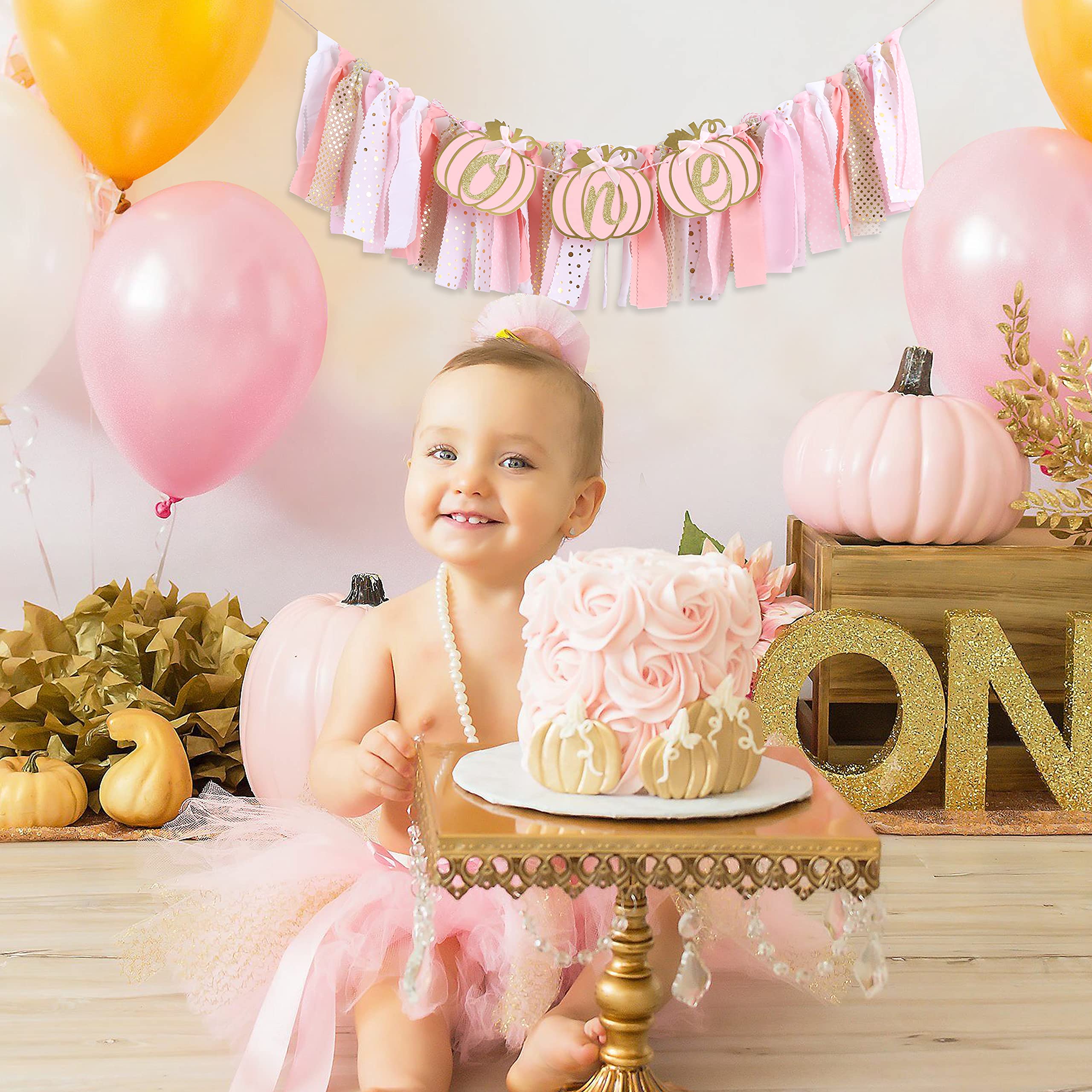 Pumpkin Highchair Banner for 1st Birthday - Pink Gold First Birthday Decor, Baby Girl Shower Party Supplies | Perfect for Fall Birthday Celebrations, Pumpkin-Themed Nursery Decor & Photoshoot Backdrops