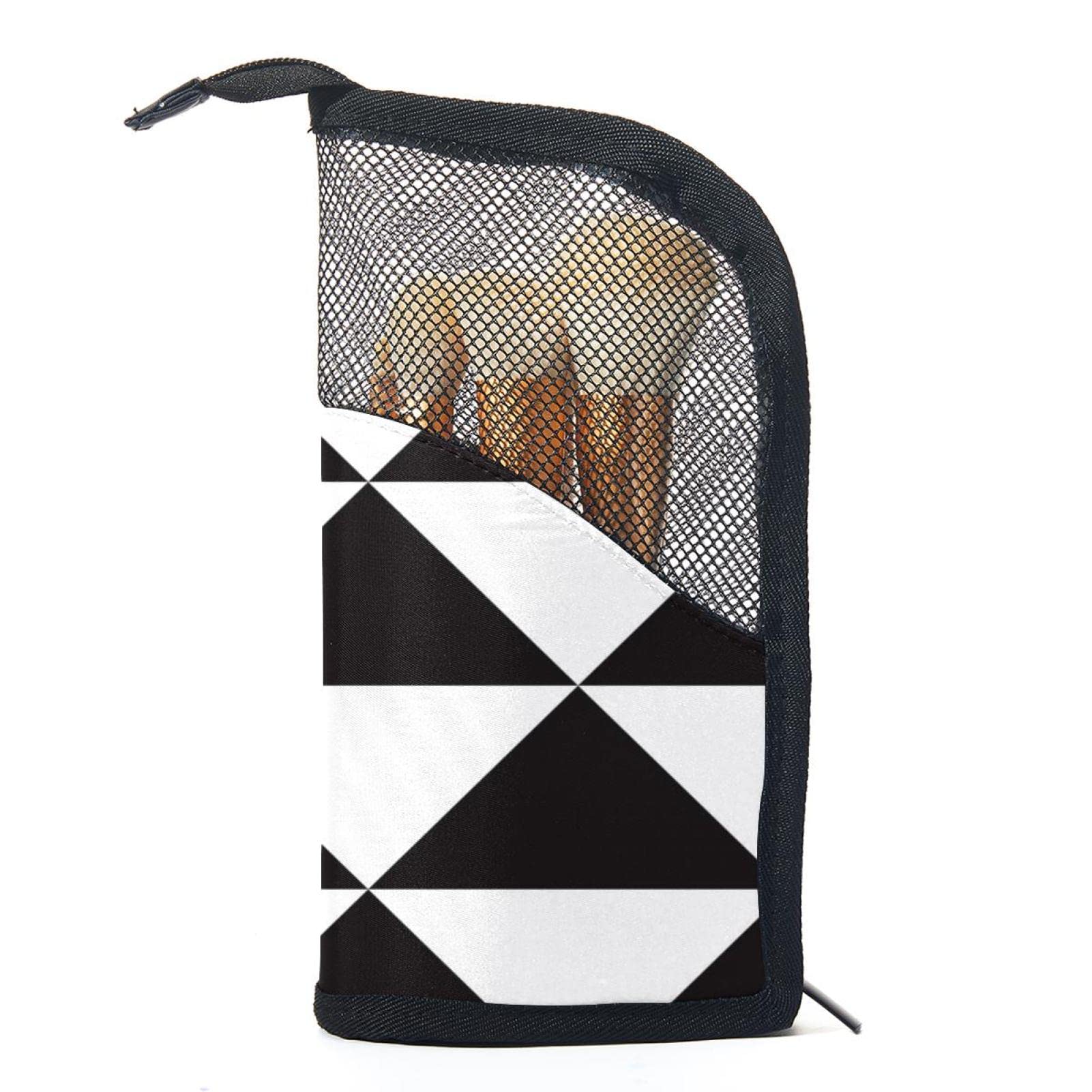 12-Piece Makeup Brush Organizer Bag with Portable Holder Case - Black & White Triangle Design for Travel & Home Storage