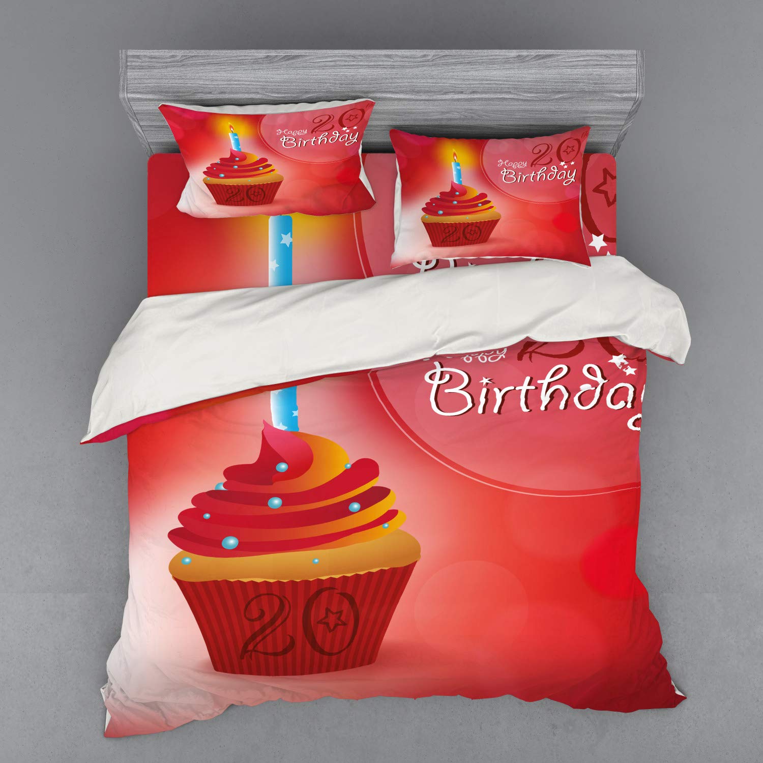 Ambesonne 20th Birthday Duvet Cover Set - King Size 4-Piece Bedding with Cupcake & Beams Design in Vermilion Pink & Red - Includes Shams & Fitted Sheet - Perfect for Birthday Parties, Teen Bedrooms & Dorm Decor