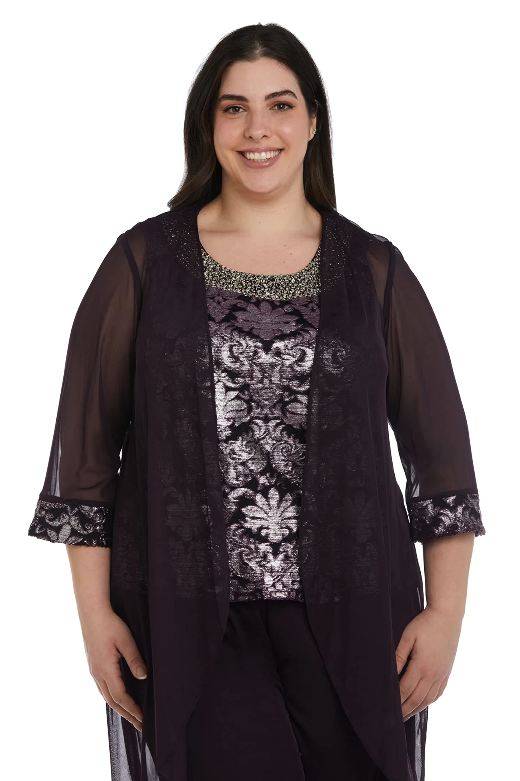 R&M Richards Women's Plus-Size 3-Piece Beaded Neck Duster Pant Suit Outfit for Special Occasions & Evening Events | Formal Wear for Weddings, Parties & Holiday Gatherings