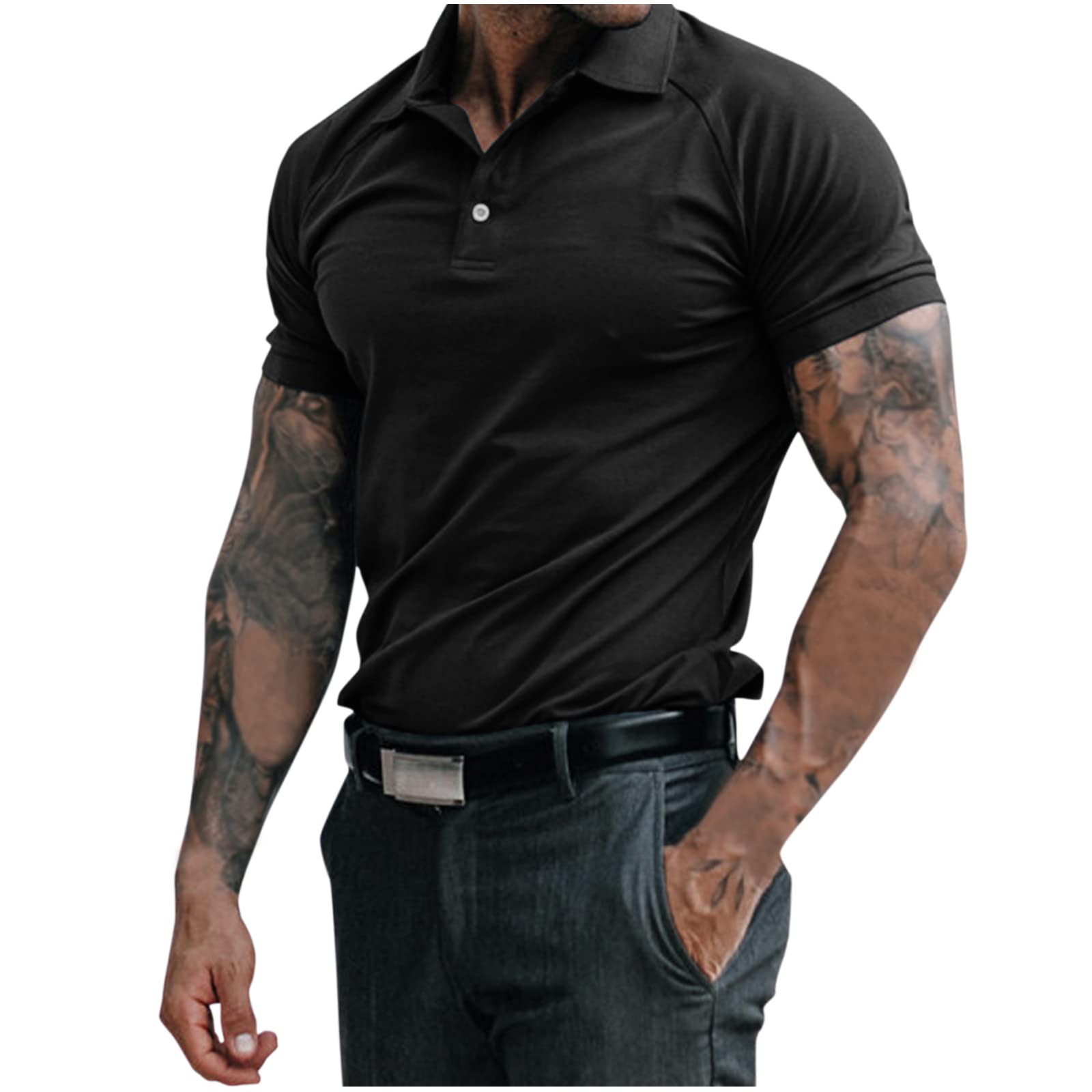 Men's Compression Business Polo Shirts - 1/4 Zip Button Down Dress Shirts for Work & Outdoor - Moisture Wicking Short Sleeve Performance Shirt with Patchwork Design | Perfect for Office, Golf & Casual Wear
