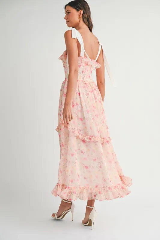 Floral Blush Pink Shoulder Strap Midi Summer Dress - Women's Flowy Casual Sundress for Beach, Vacation & Outdoor Parties