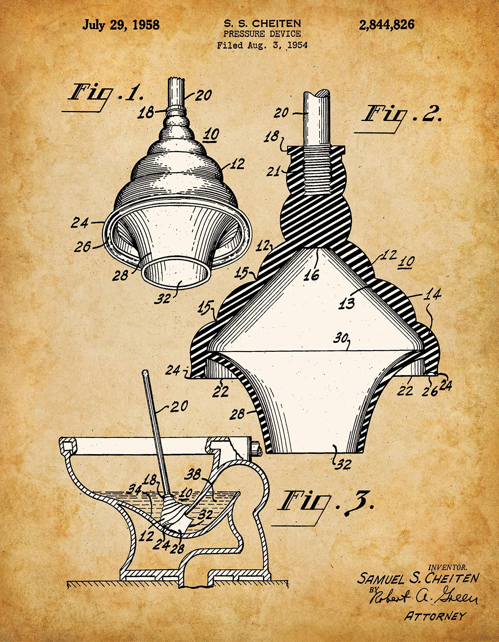Vintage Toilet Plunger Patent Print - Unique Bathroom Wall Art Decor, Retro Plumber Gift, Unframed Poster or Canvas | Perfect for Restrooms, Wet Rooms & Plumbing Offices