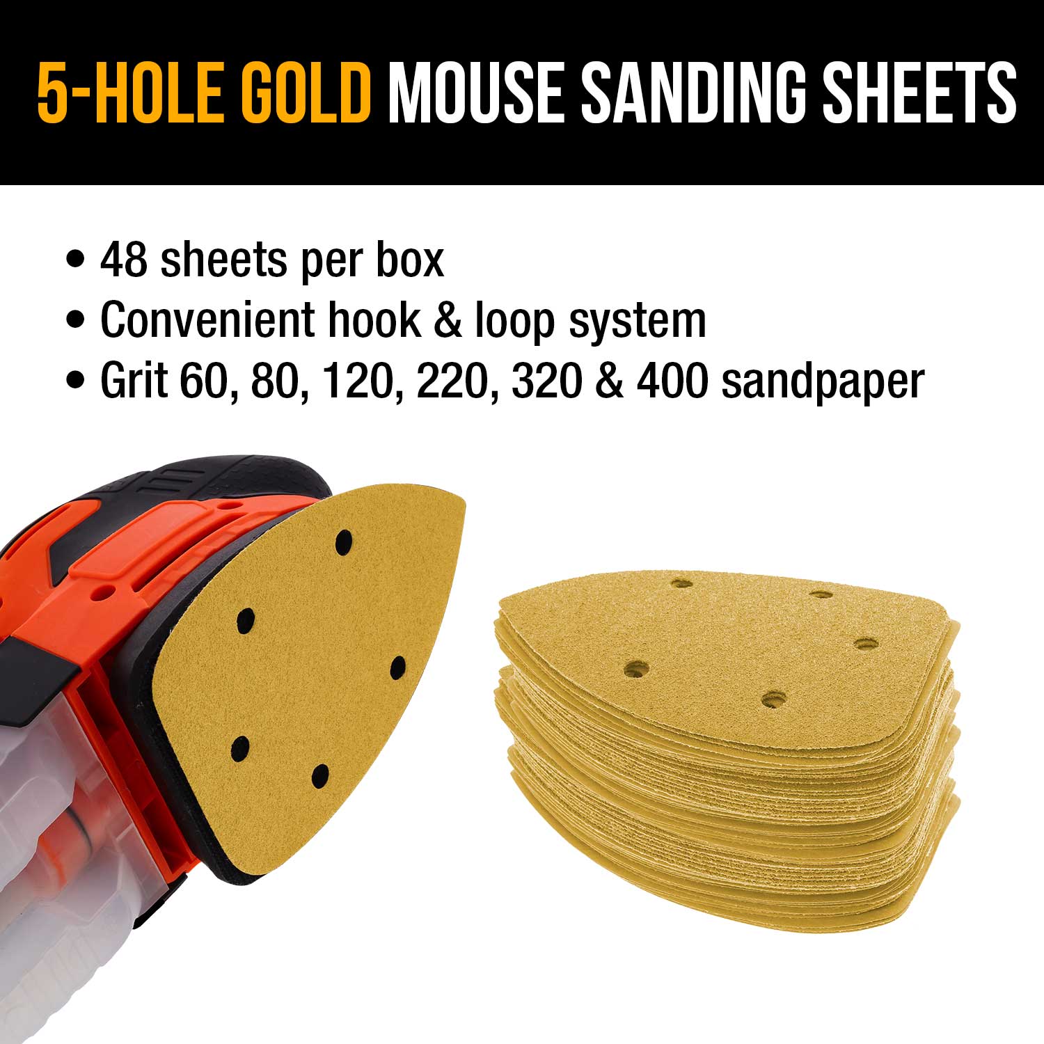 60-400 Grit Hook & Loop Sanding Sheets for Mouse Sanders - 5 Hole Pattern, 48-Pack (60/80/120/220/320/400) - Perfect for Woodworking, Metal Polishing & DIY Projects