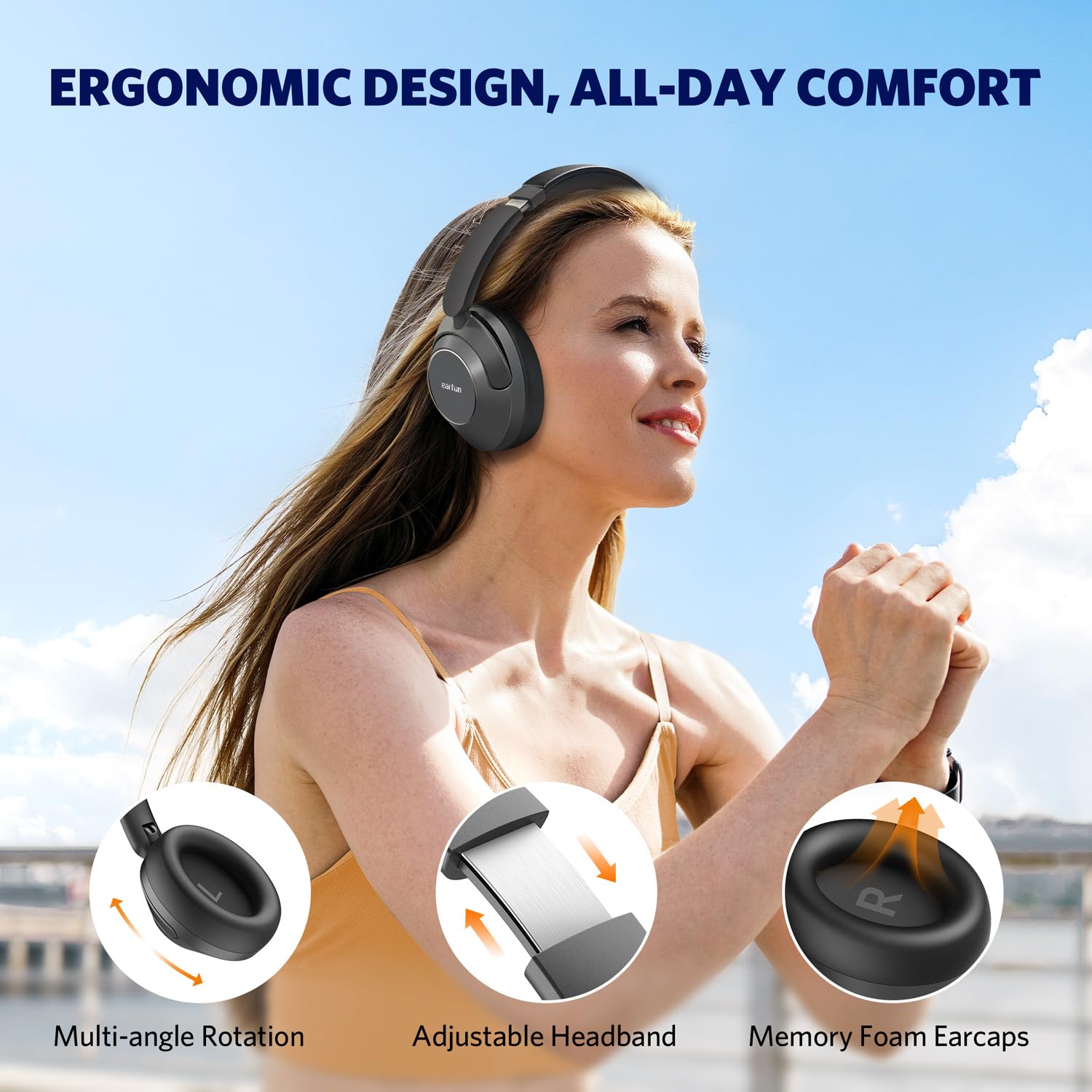 EarFun Wave Pro Wireless Bluetooth Headphones with Active Noise Cancelling (ANC), LDAC Hi-Res Audio, 80H Battery Life, Multipoint Connection – Perfect for Travel, Work, and Gym Use