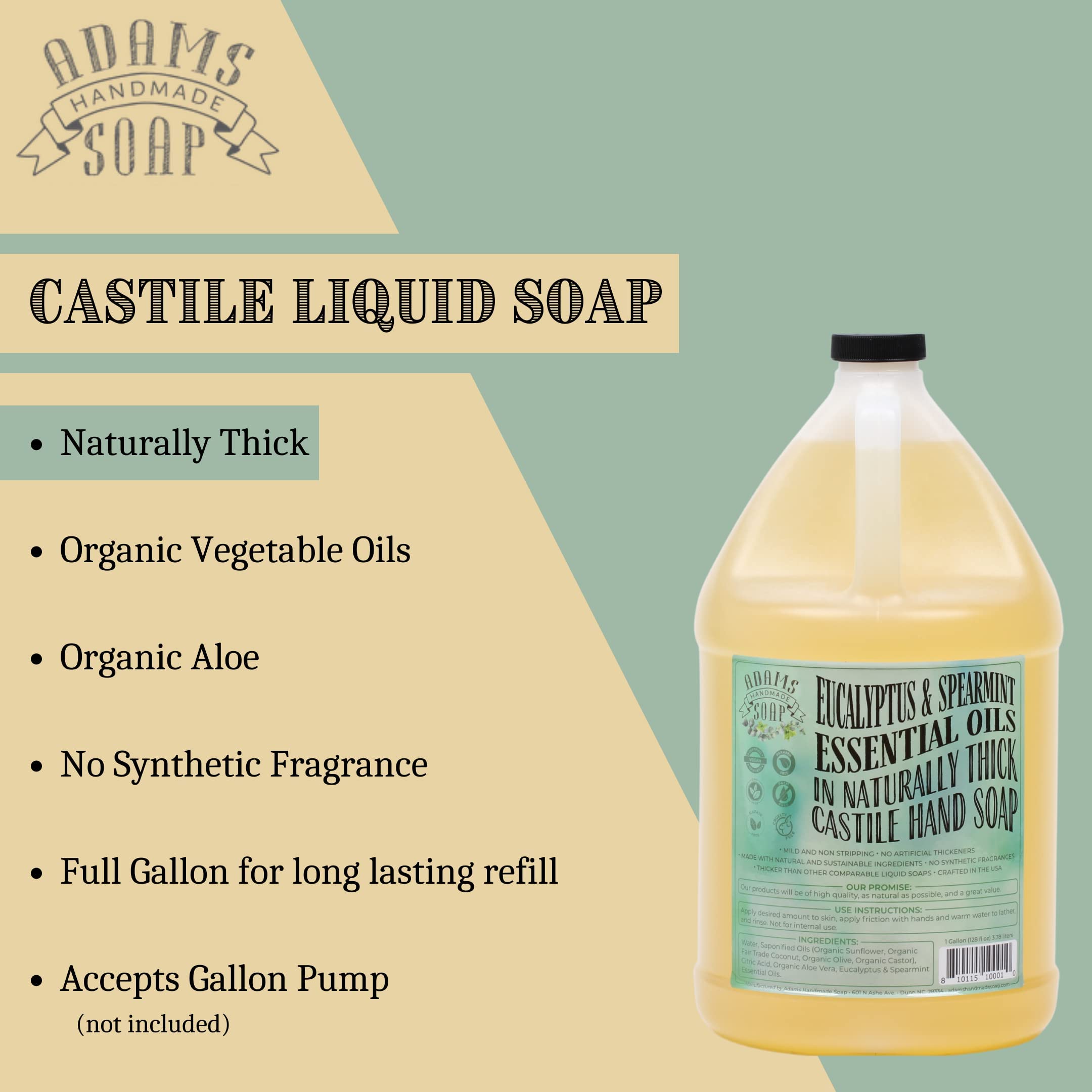Adams Handmade Thick Castile Liquid Hand Soap Refill - 1 Gallon, Eucalyptus Spearmint Scent, Pack of 4 | Natural, Organic, Vegan | Perfect for Home, Spa, and Commercial Use