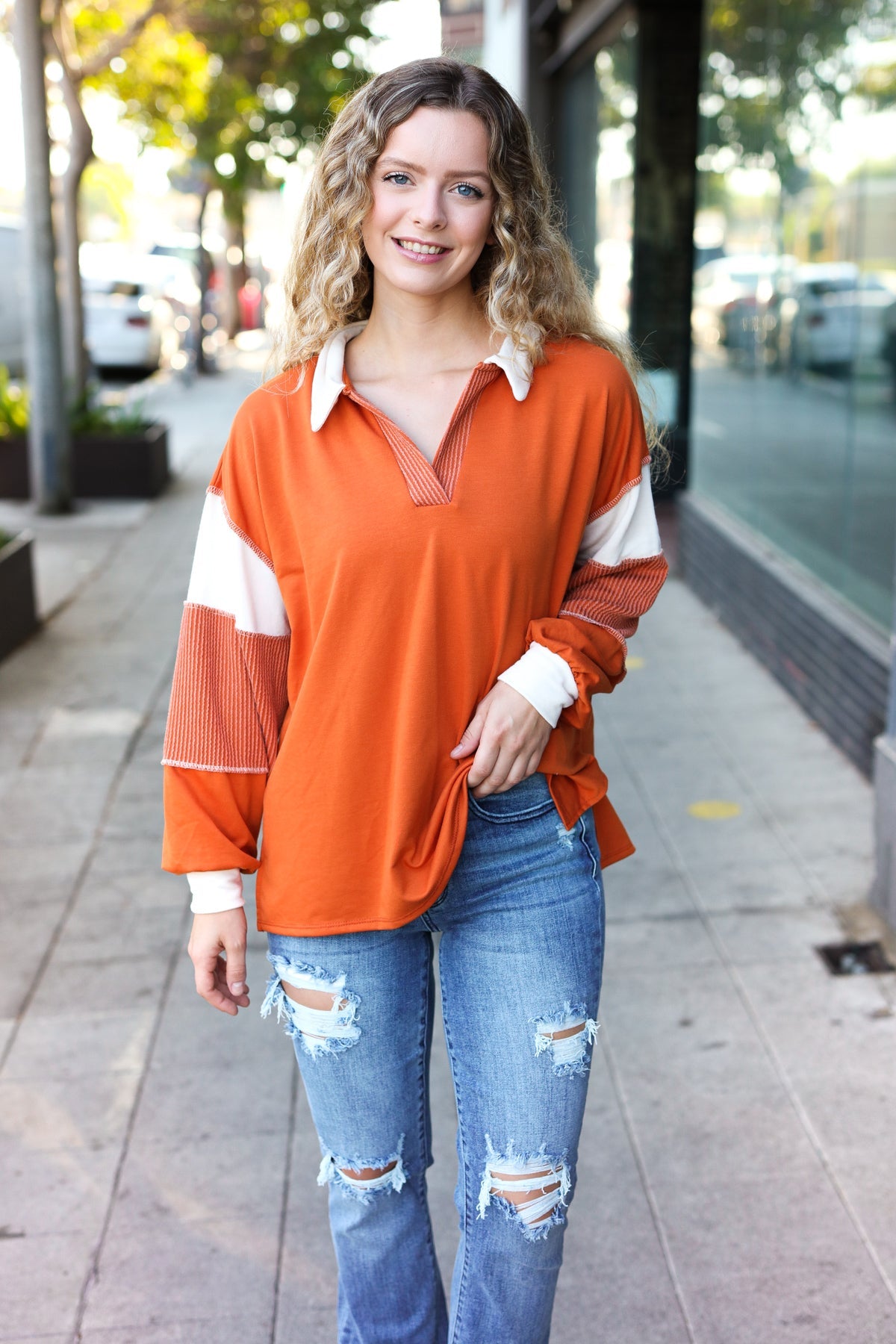 Falling For You Rust Color Block Collared French Terry Top | Women's Casual Long Sleeve Shirt | Perfect for Autumn Outfits, Coffee Dates & Weekend Errands